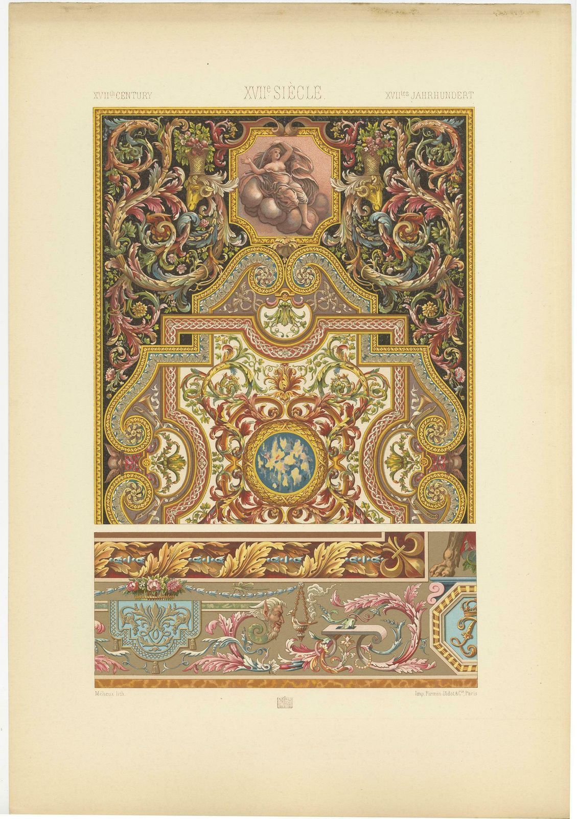 Pl. 107 Antique Print Of 17th Century Details From Carpet By Racinet, Circa 1890 photo for sale