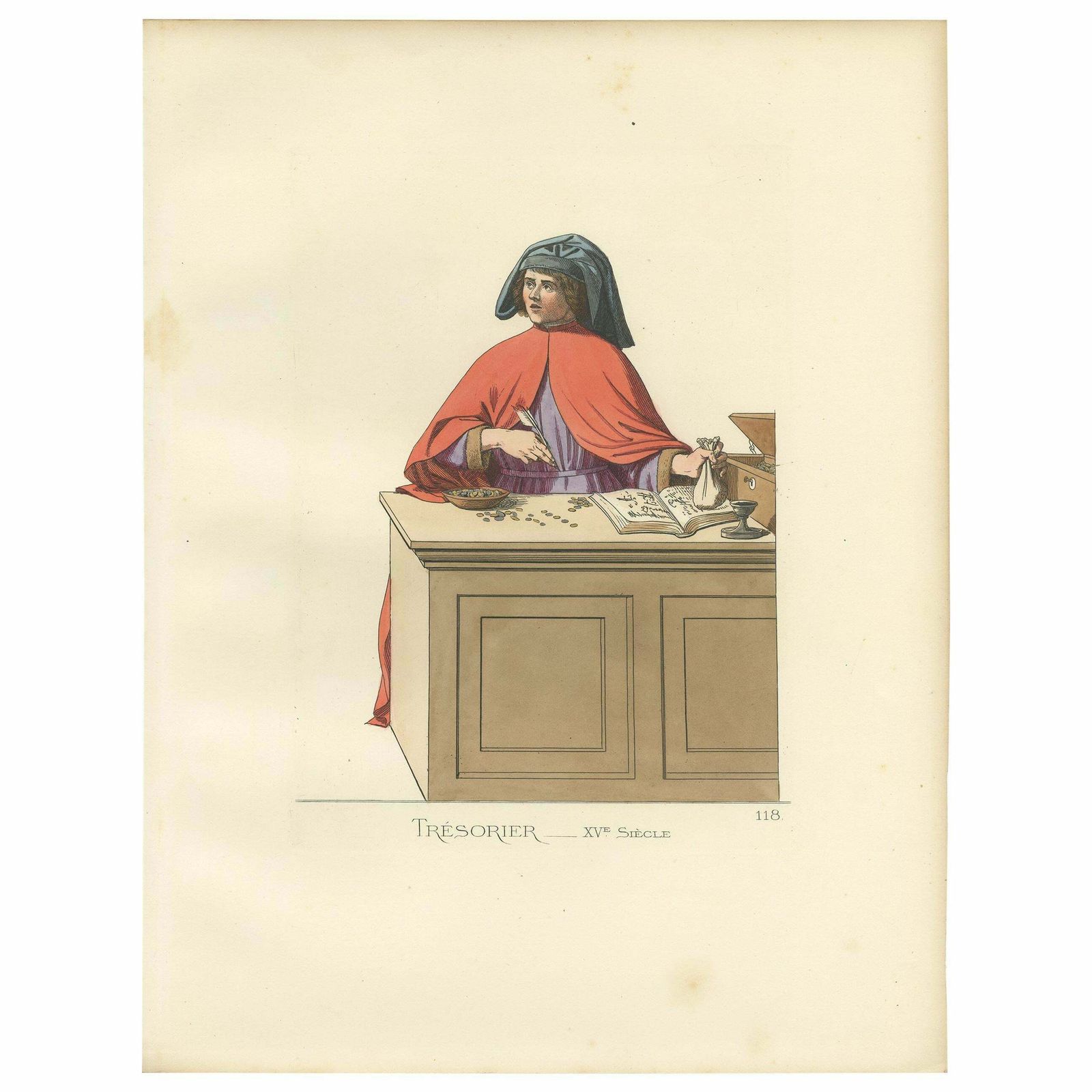 Antique Print Of A Treasurer/Bookkeeper, 15th Century, By Bonnard, 1860