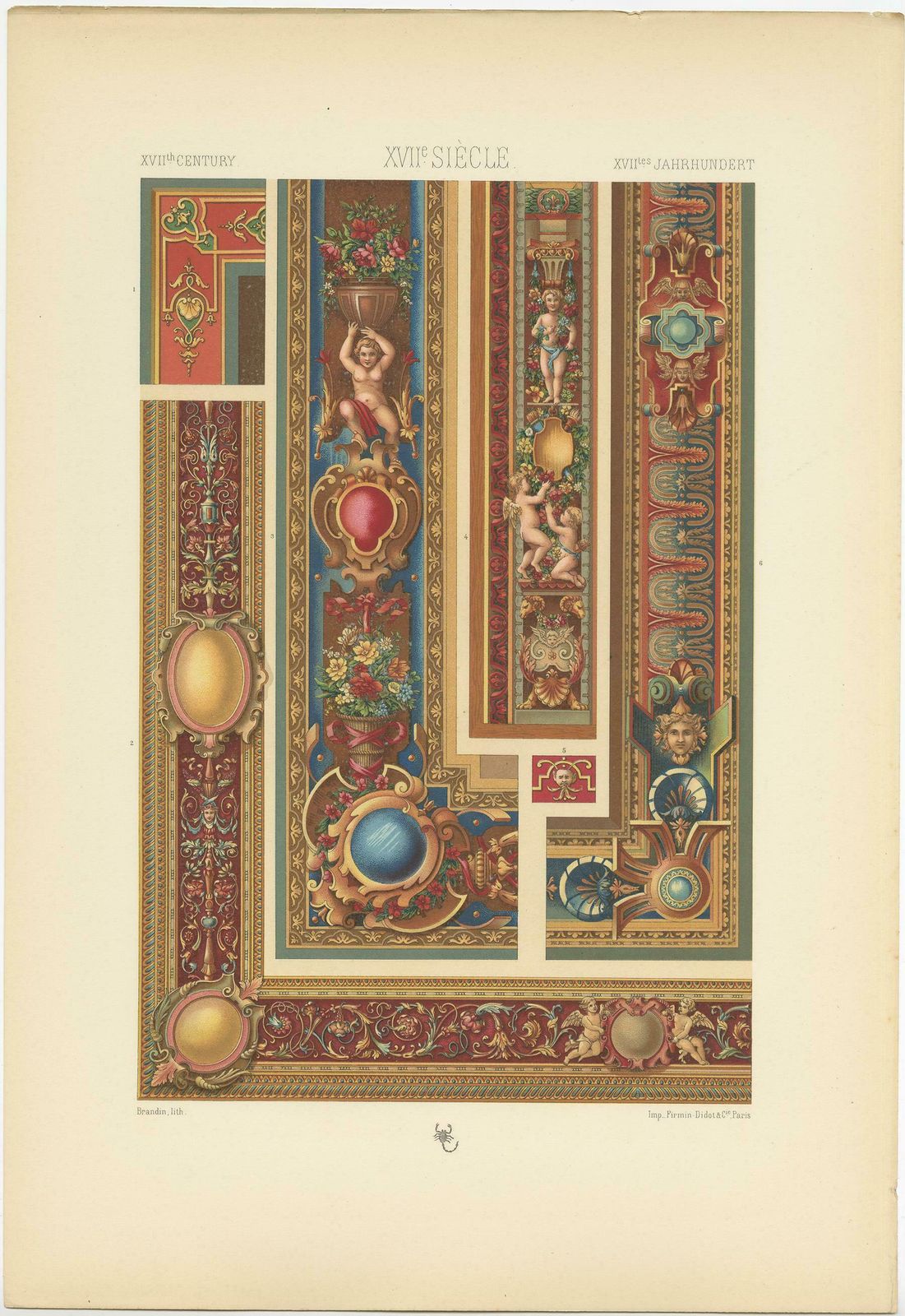 Pl. 105 Antique Print Of 17th Century Tapestry, Borders By Racinet, Circa 1890 photo Art