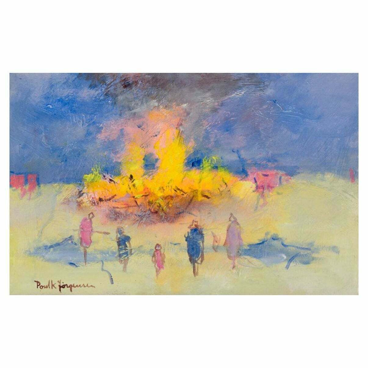 Poul K. Jörgensen. Oil On Board. Valborg´S Eve With People By The Bonfire