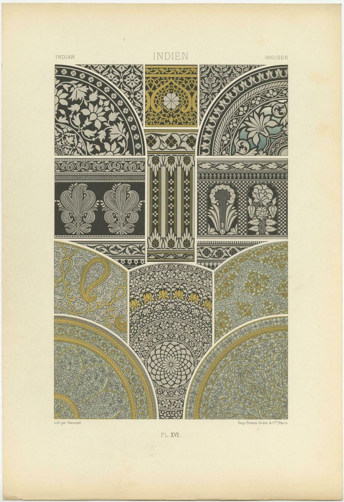 Pl. 16 Antique Print Of Indian Ornaments By Racinet, Circa 1890 photo Art