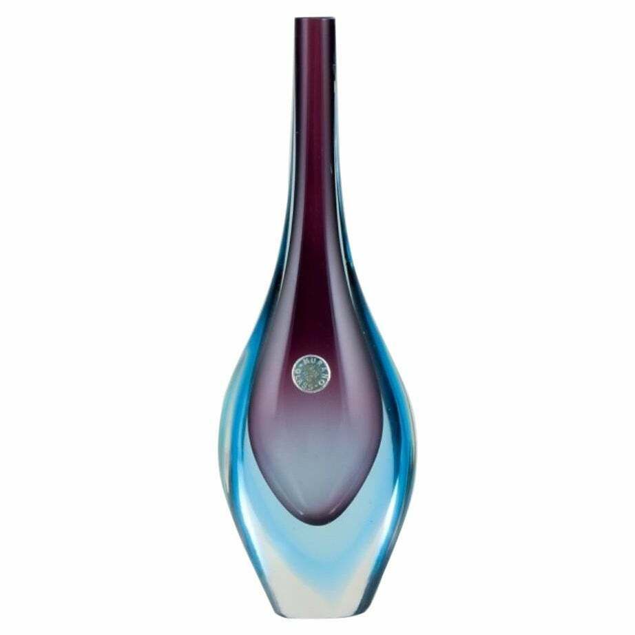 Murano Italy Art Glass Vase With A Slender Neck Blue And Purple Glass
