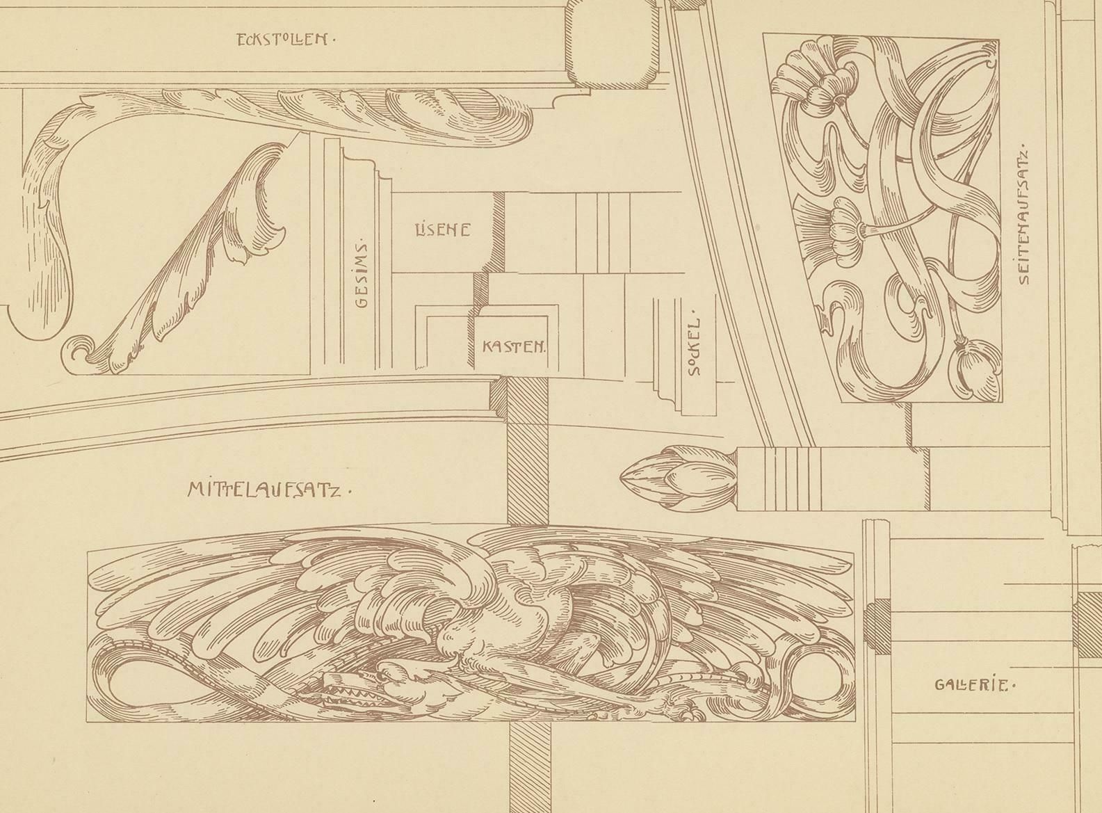 Pl. 39 Antique Print Of Furniture Details By Kramer, Circa 1910 photo for sale