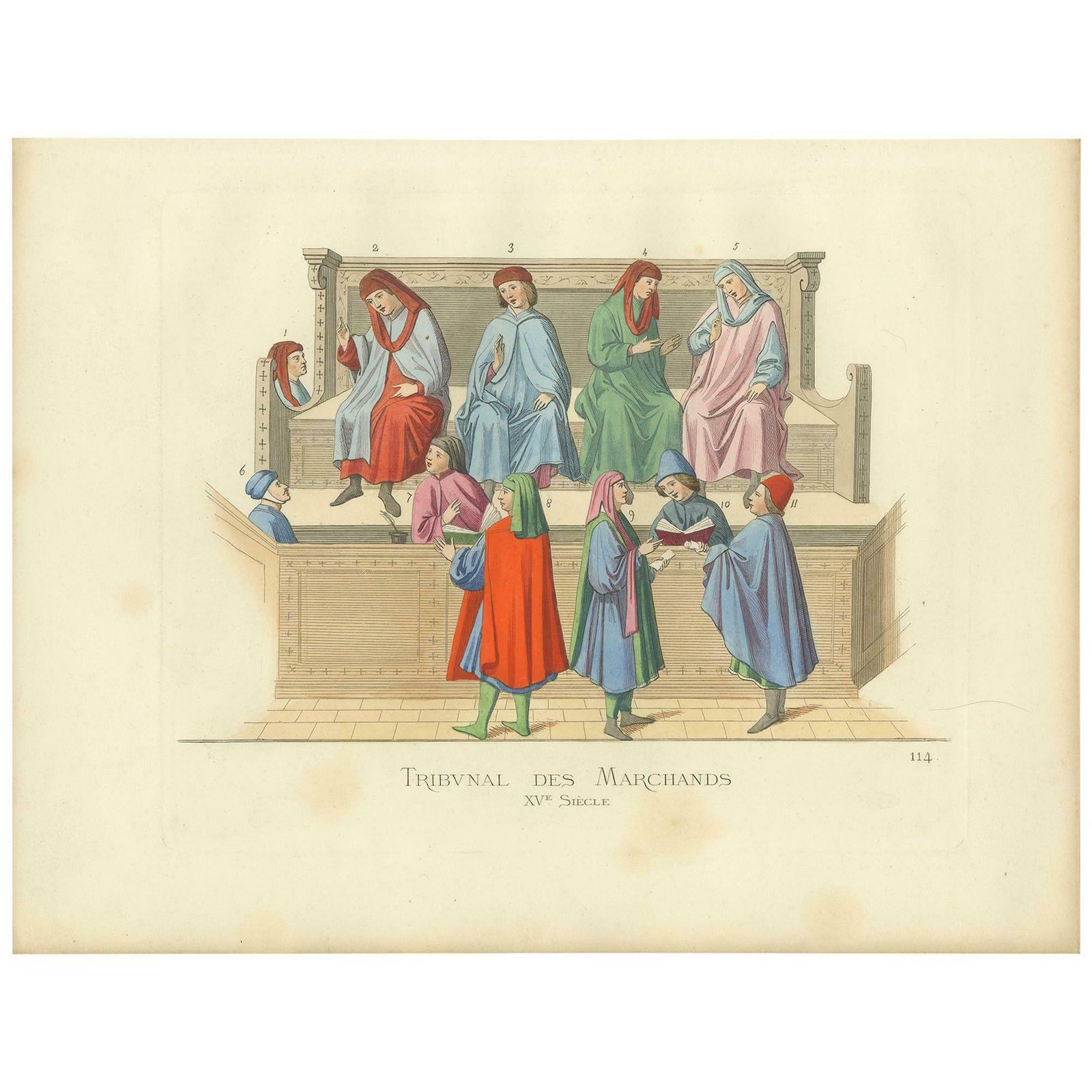 Antique Print Of A Merchant Tribunal, Italy, 15th Century, By Bonnard, 1860