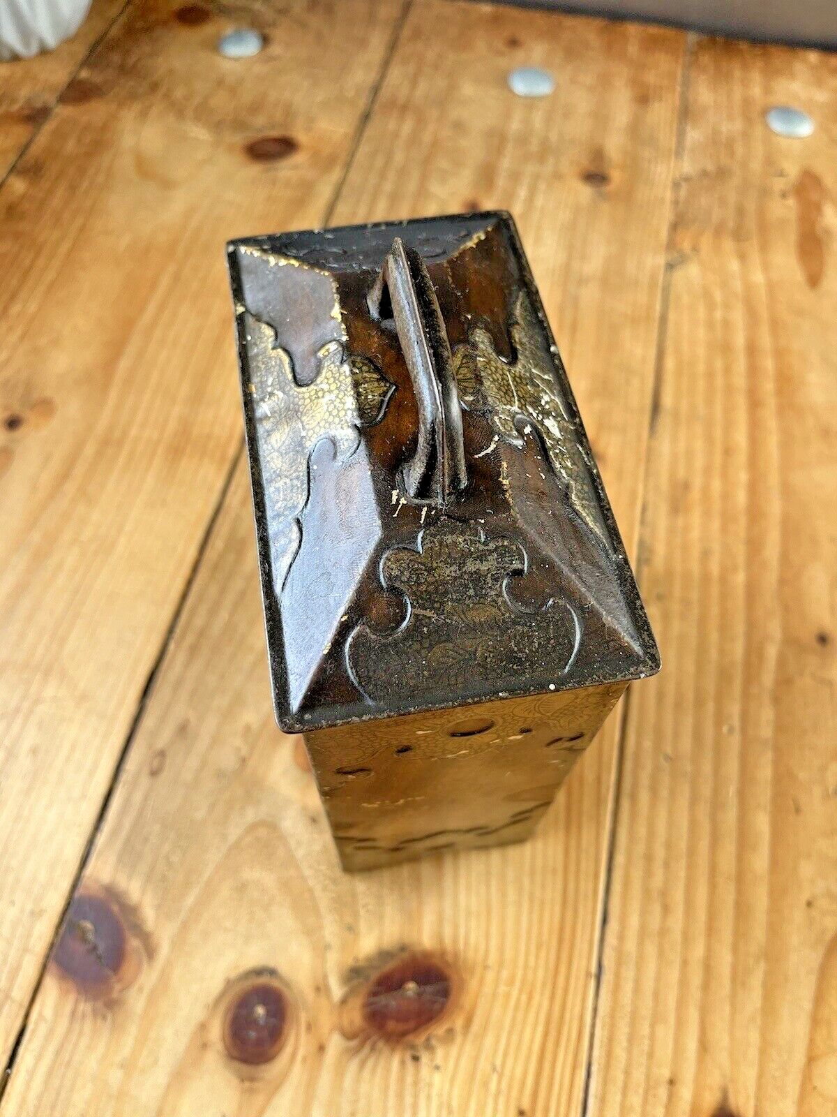 Antique Wood Brass Effect Tin Tea Chest Oriental Chinese Chinoiserie Japonisme photo buy