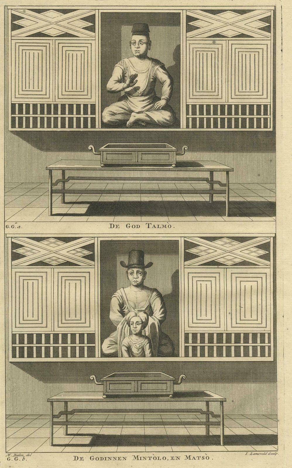 Antique Print Of God Talmo And Goddesses Mintolo & Matso By Valentijn, 1726 photo furniture
