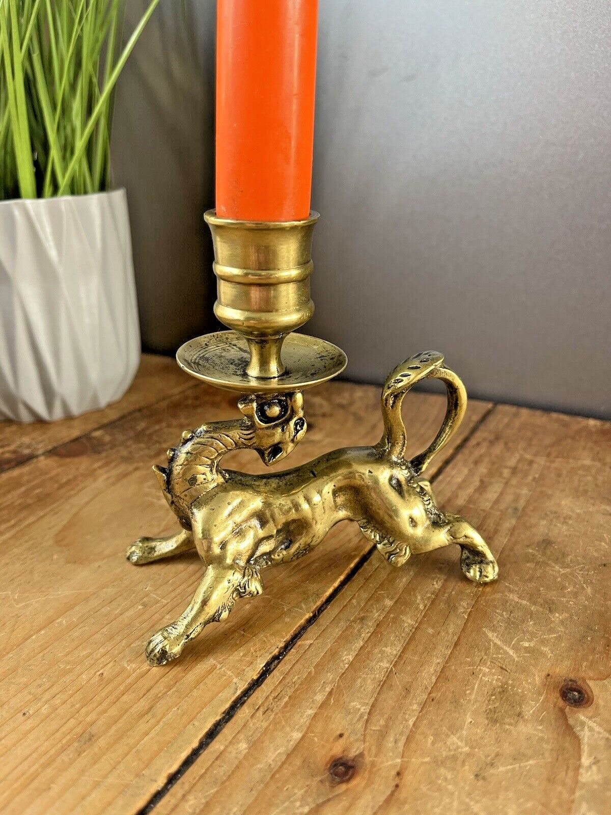 125.0 Quality Antique 19th C Chinese Dragon Candlestick Candle Holder Mythical Foo Dog photo