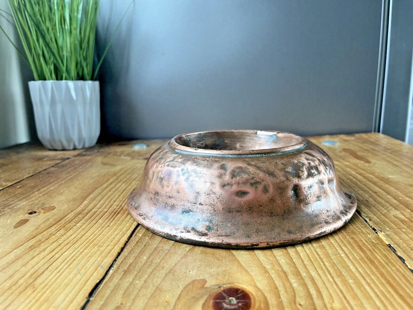 Antique 19th C Arts & Crafts Beaten Copper Dog Bowl Cat Pet Dish Food Water photo Home Decor