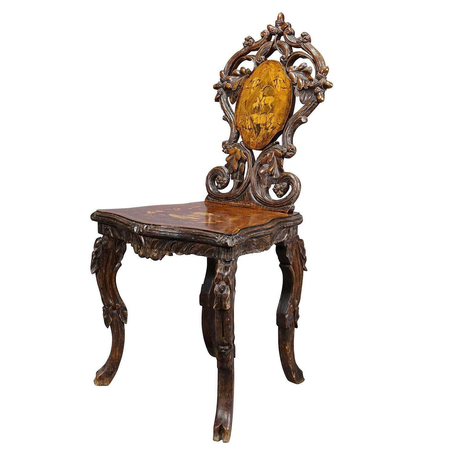 Pair Nutwood Edelweis Marquetry Chairs Swiss Brienz 1900 photo Furniture