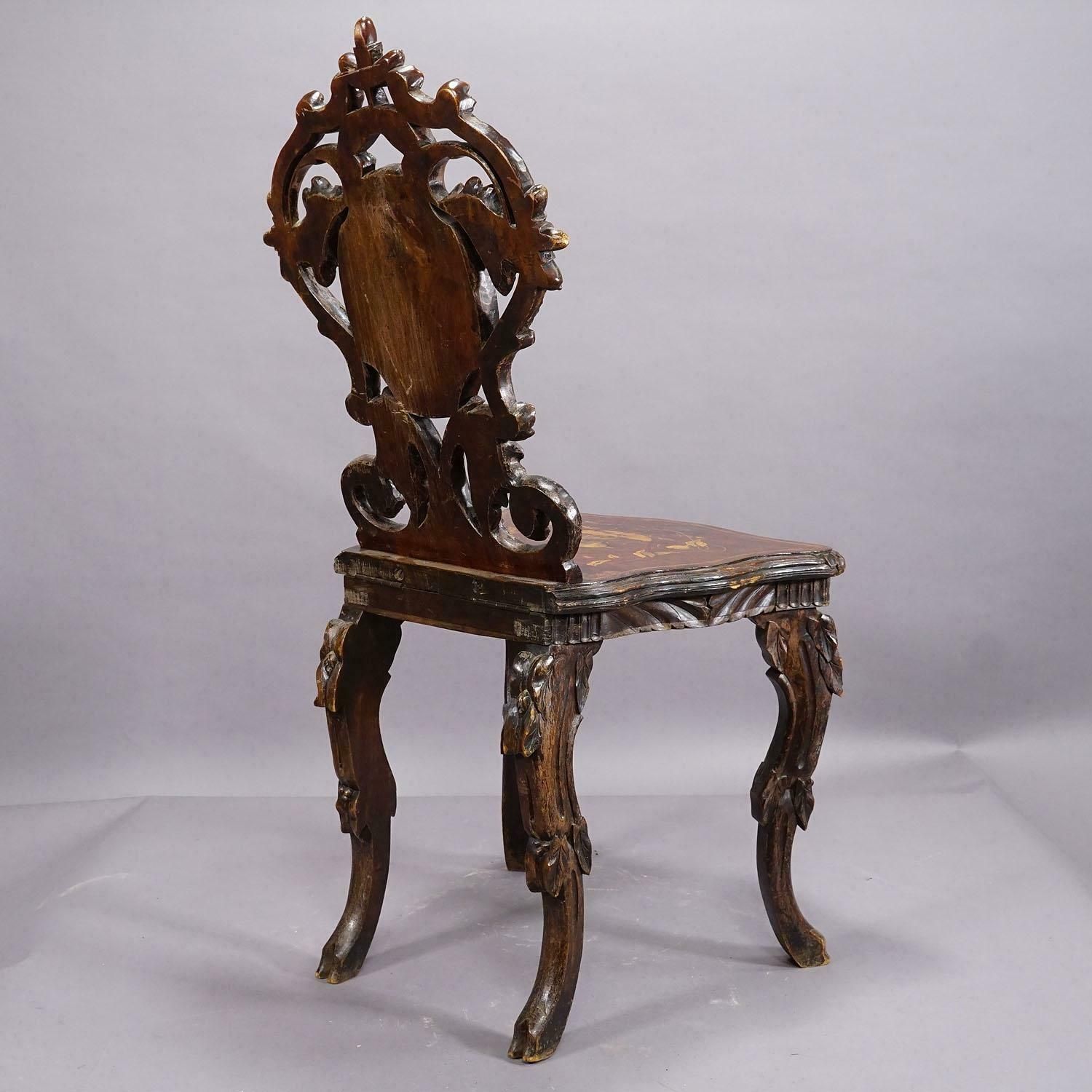 photo vintage Pair Nutwood Edelweis Marquetry Chairs Swiss Brienz 1900