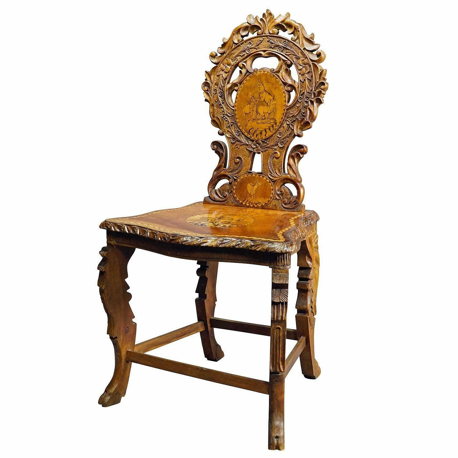 Rare Nutwood Edelweis Marquetry Chair Swiss Brienz 1900 photo furniture