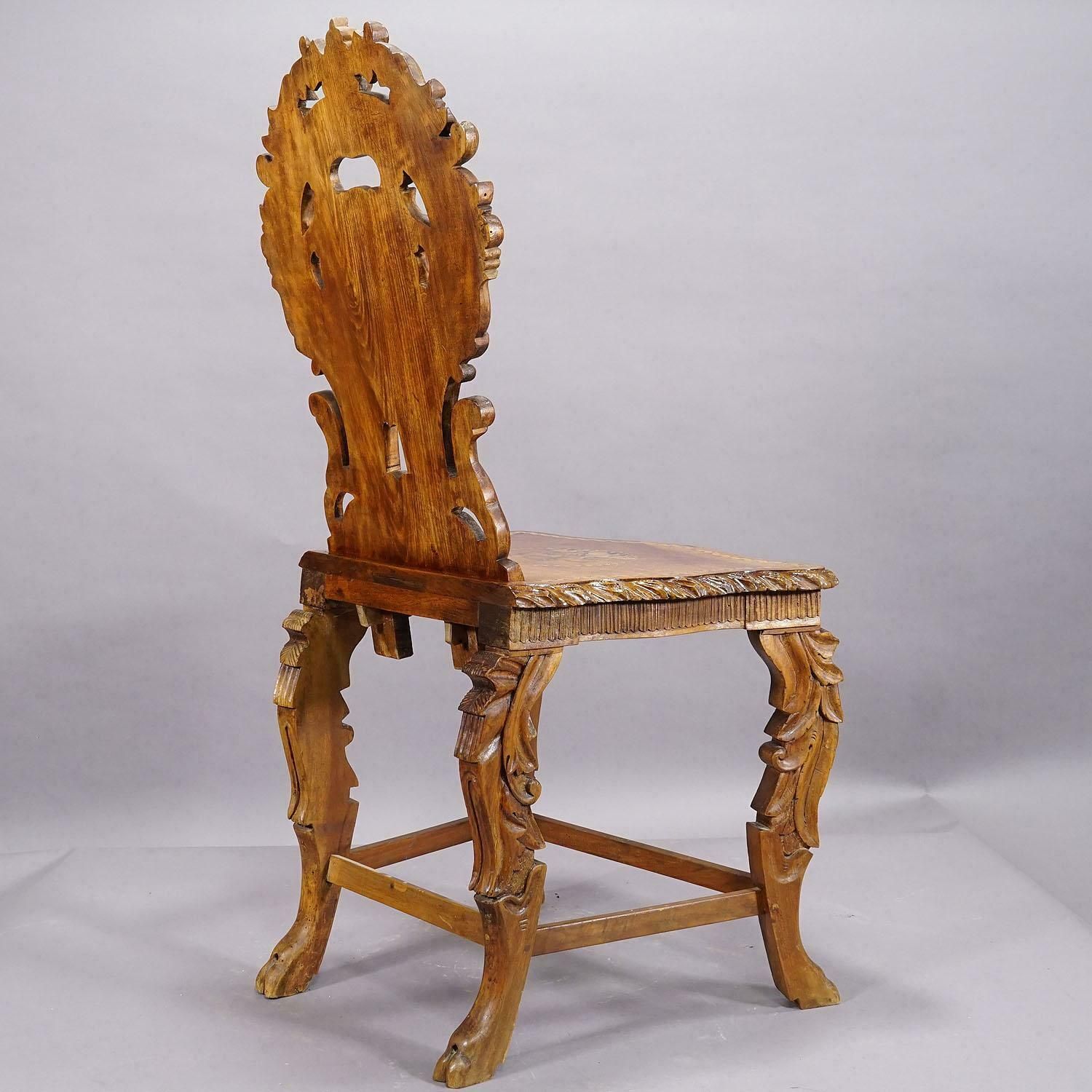 Rare Nutwood Edelweis Marquetry Chair Swiss Brienz 1900 photo vinterior