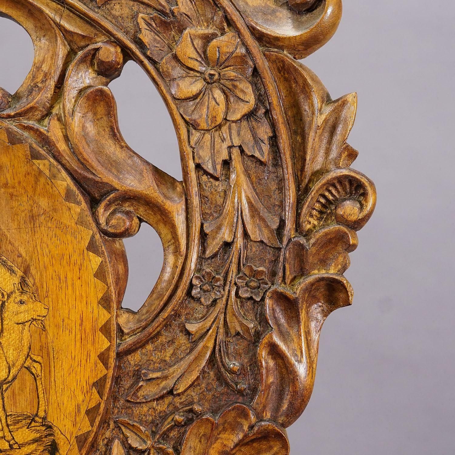 photo for sale Rare Nutwood Edelweis Marquetry Chair Swiss Brienz 1900