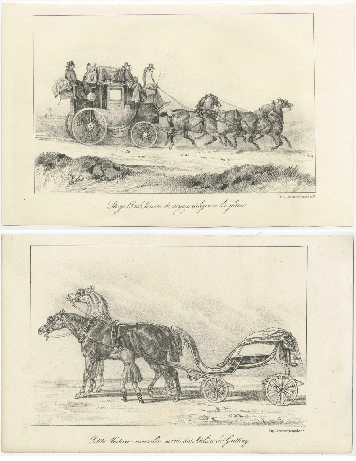 Set Of 2 Antique Prints Of Horse And Carriage By Lemercier 'C.1835' photo Art