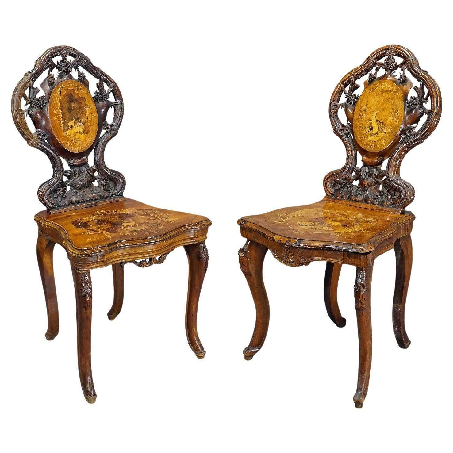 Pair Nutwood Edelweis Marquetry Chairs Swiss Brienz 1900