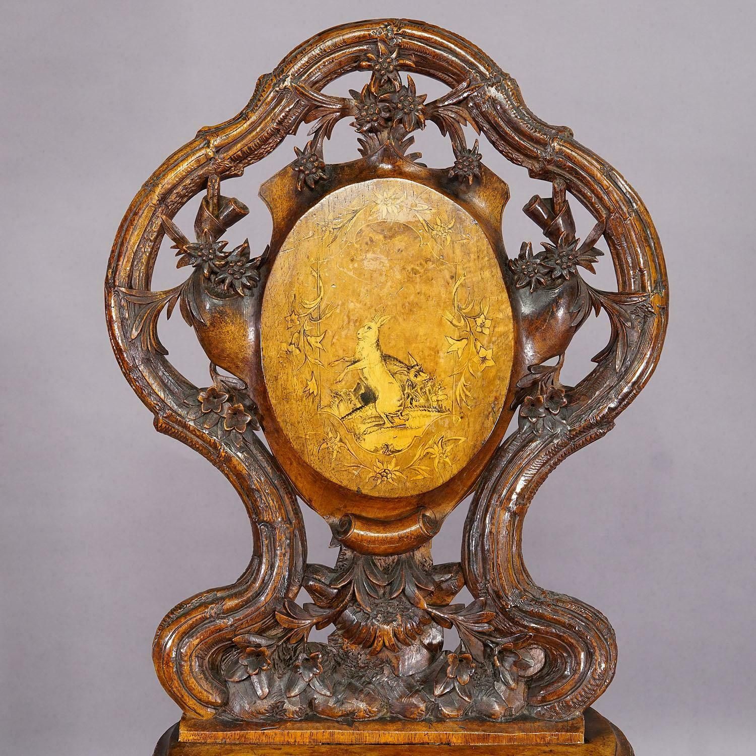 photo furniture Pair Nutwood Edelweis Marquetry Chairs Swiss Brienz 1900
