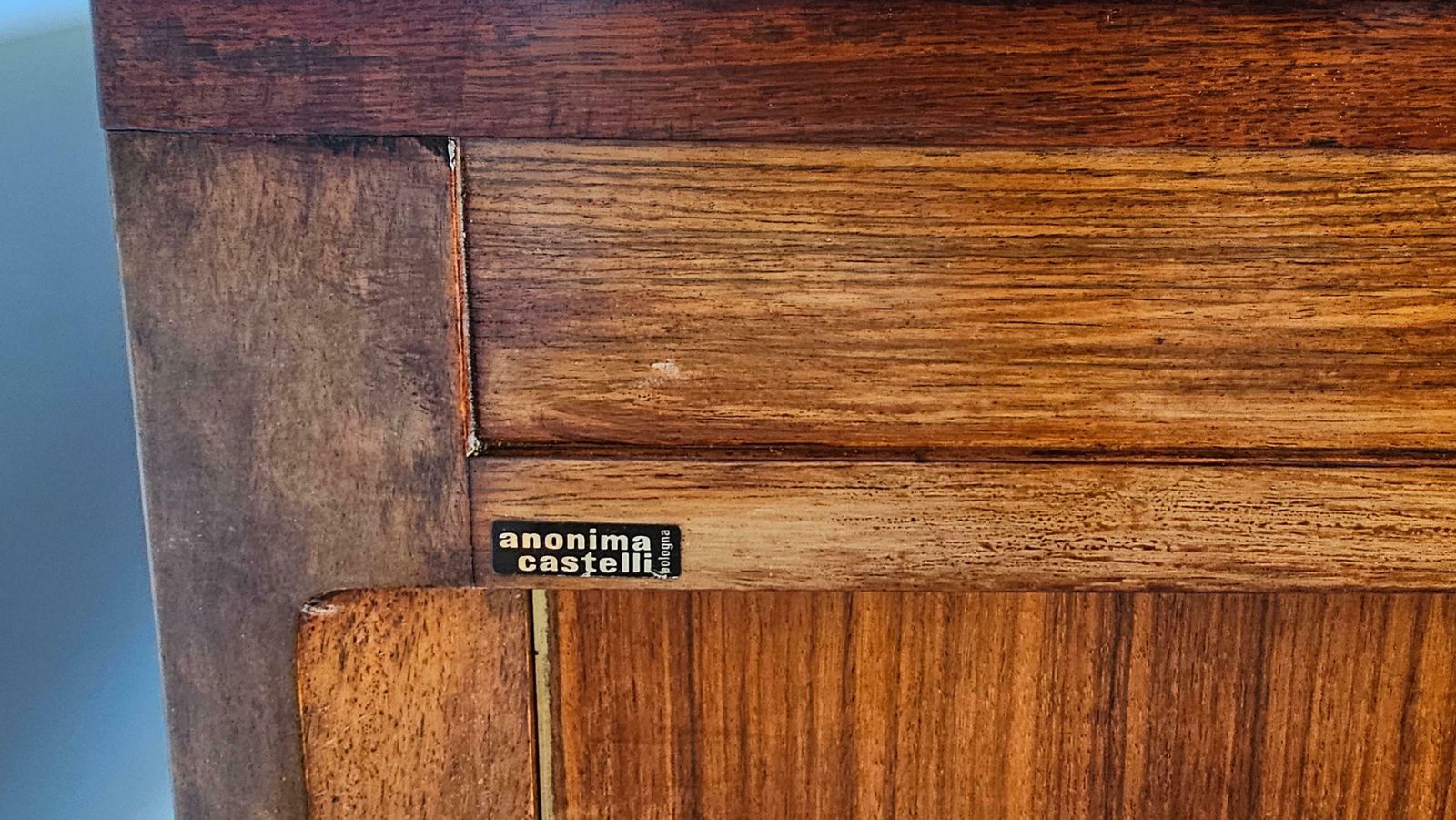 photo furniture Anonima Castelli Palisander Wood Desk With Elegant Metal Insert Handle, 1970s