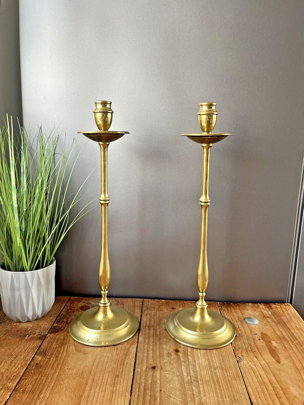 Large Pair Of English Antique Brass Altar Candlesticks Candle Holders photo vinterior