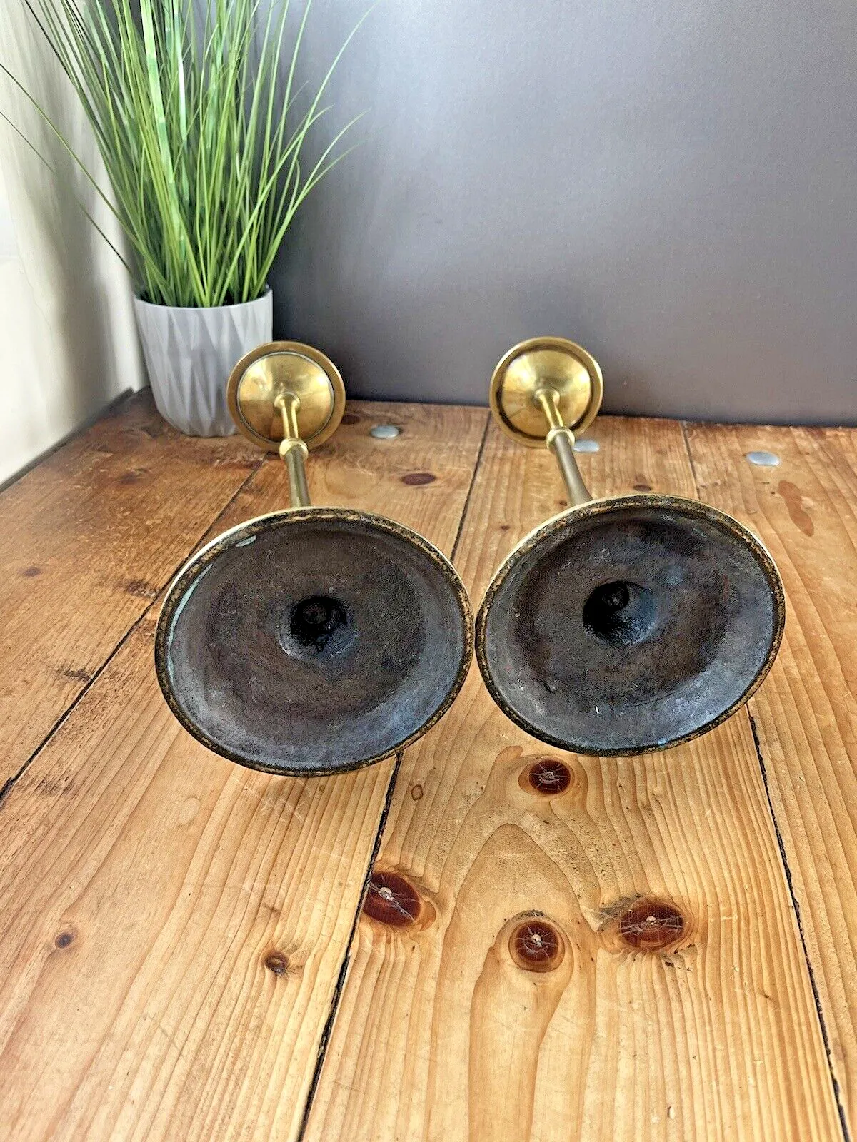 photo for sale Large Pair Of English Antique Brass Altar Candlesticks Candle Holders