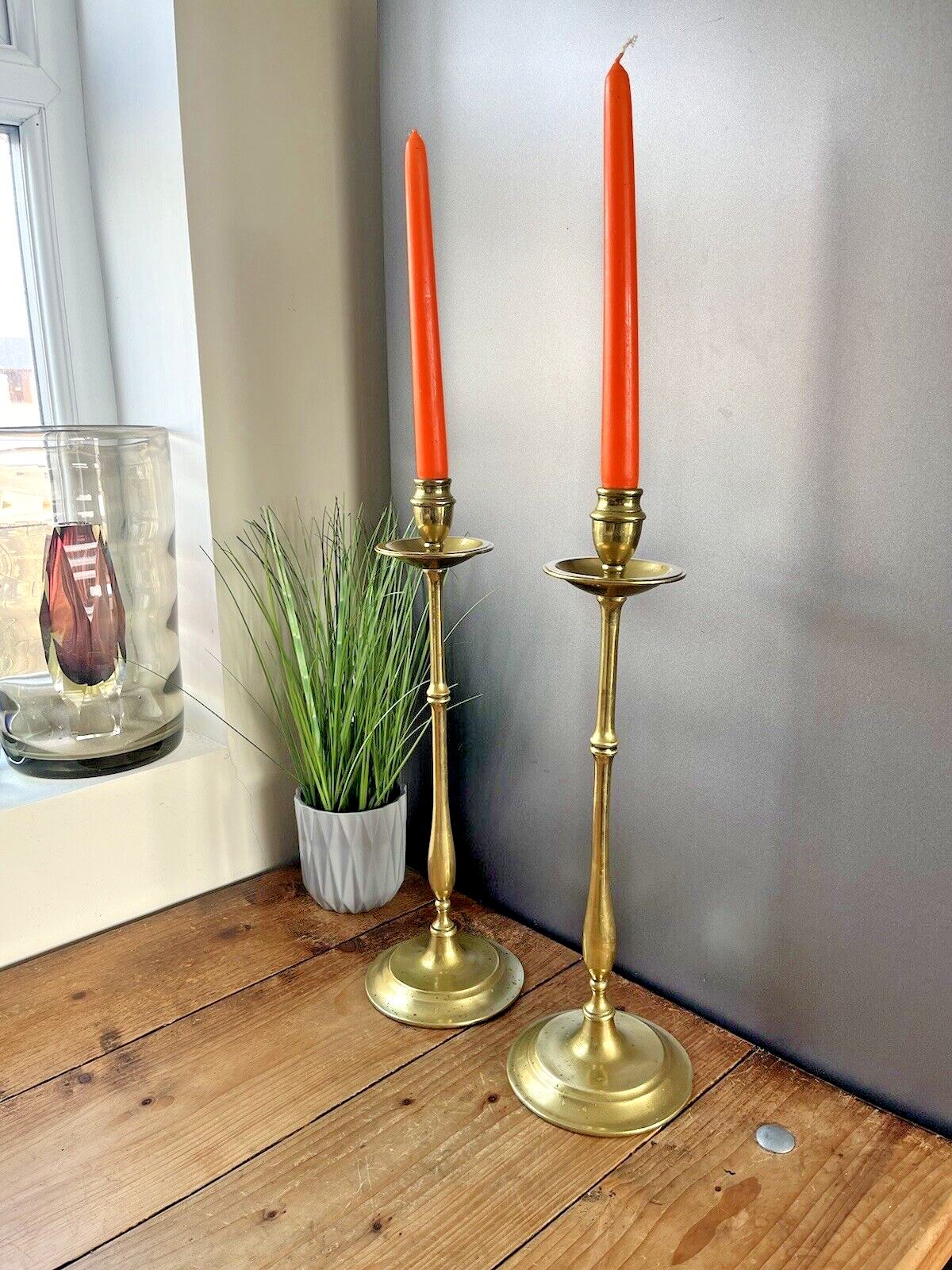 200.0 Large Pair Of English Antique Brass Altar Candlesticks Candle Holders photo