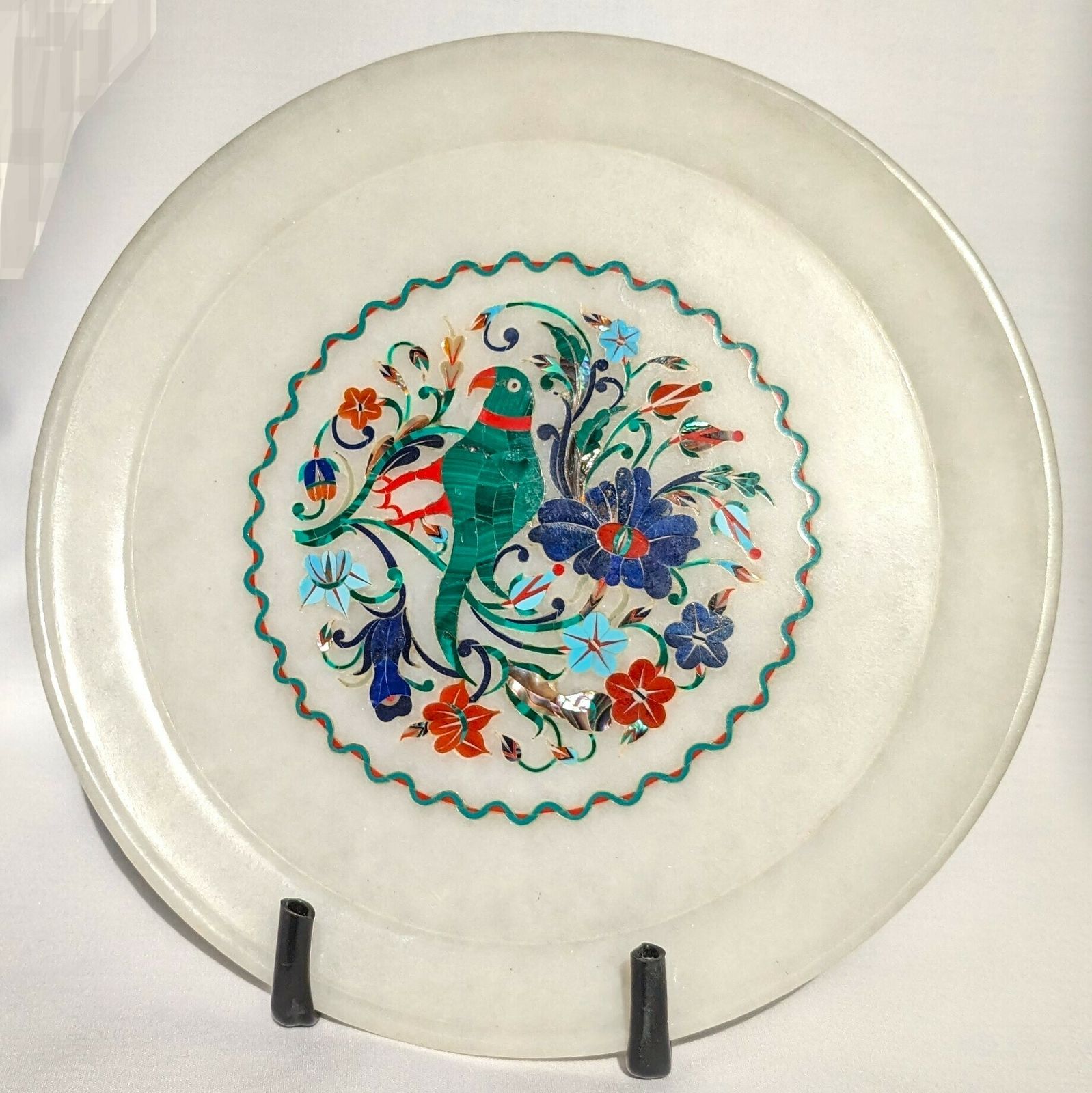 Vintage Indian Marble Plate With Precious Stones And Mother Of Pearl Inlay