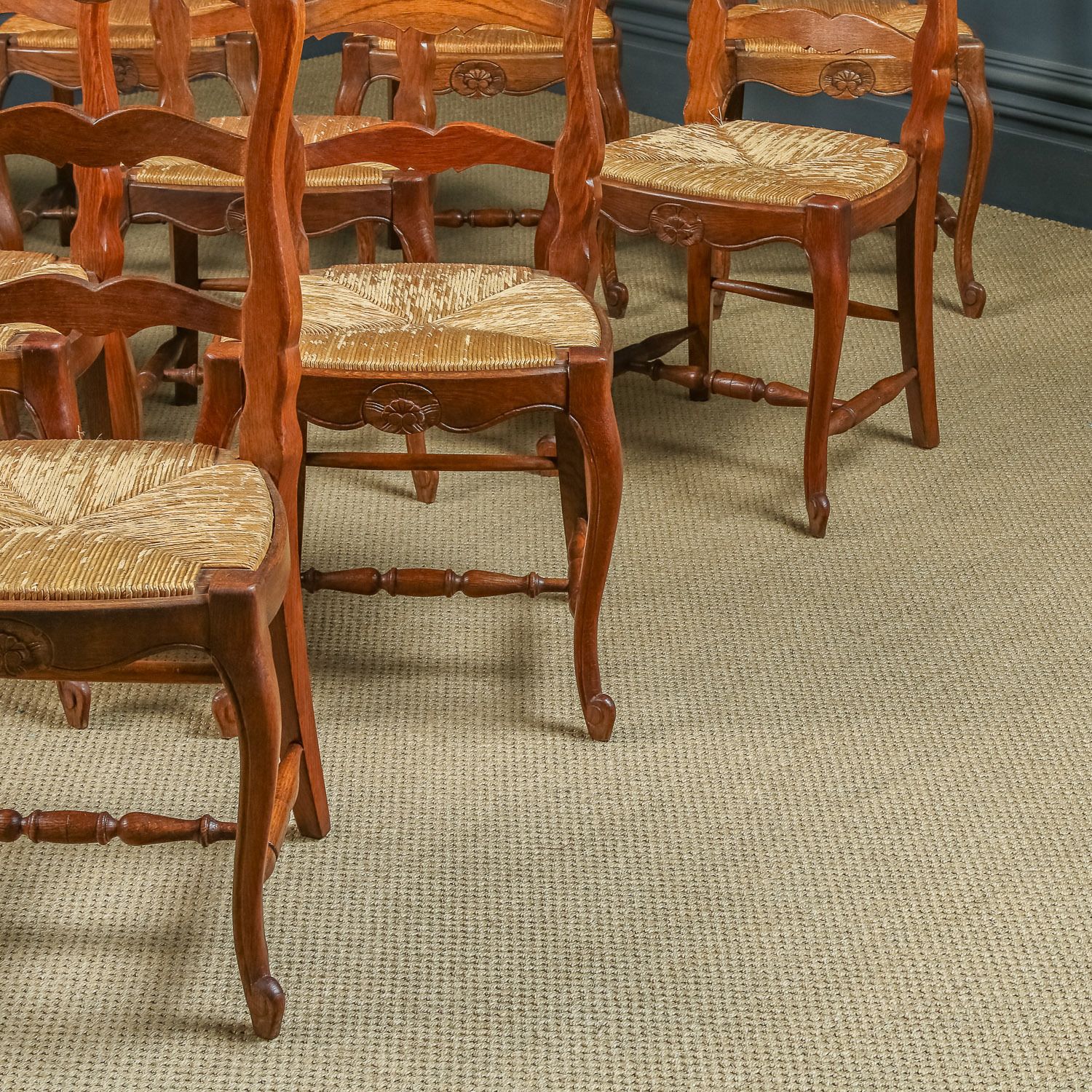 French Set Of 12 Twelve Louis XV Style Oak Ladder Back Rush Seat Kitchen Dining Chairs (Circa 1920) photo buy