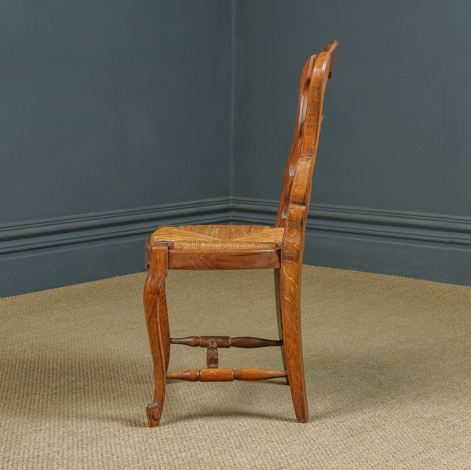 photo furniture French Set Of 12 Twelve Louis XV Style Oak Ladder Back Rush Seat Kitchen Dining Chairs (Circa 1920)