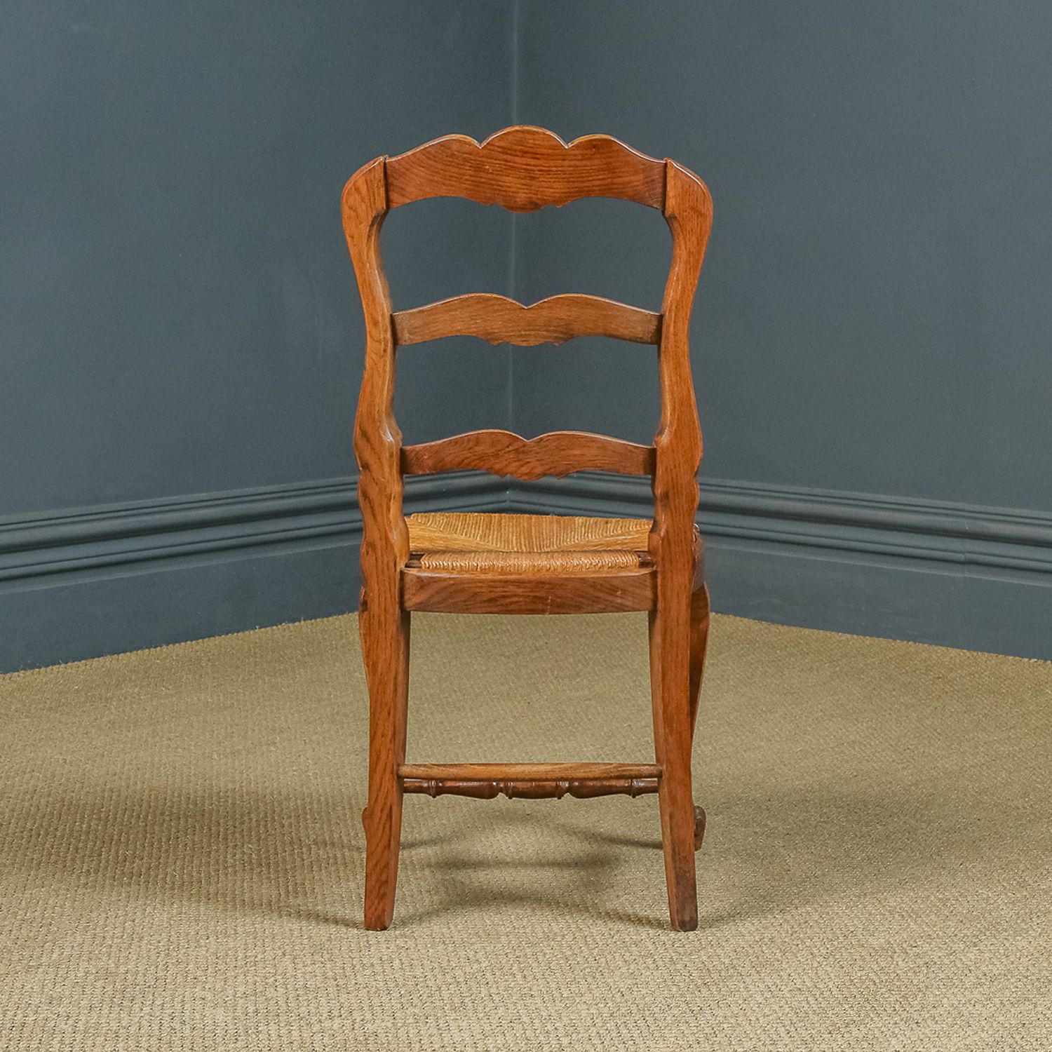 4750.0 French Set Of 12 Twelve Louis XV Style Oak Ladder Back Rush Seat Kitchen Dining Chairs (Circa 1920) photo