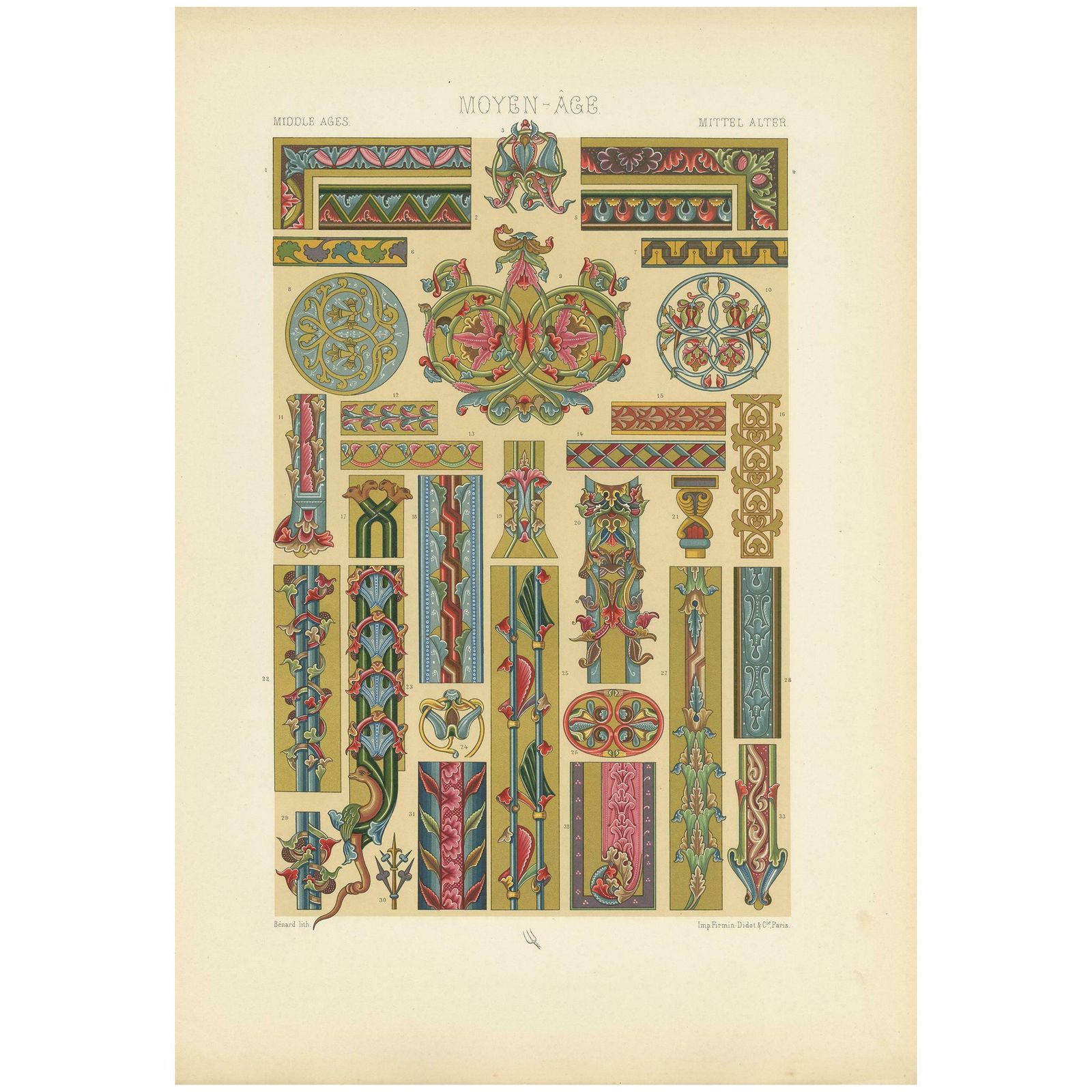 Pl. 52 Antique Print Of Middle Ages Manuscripts Decoration By Racinet