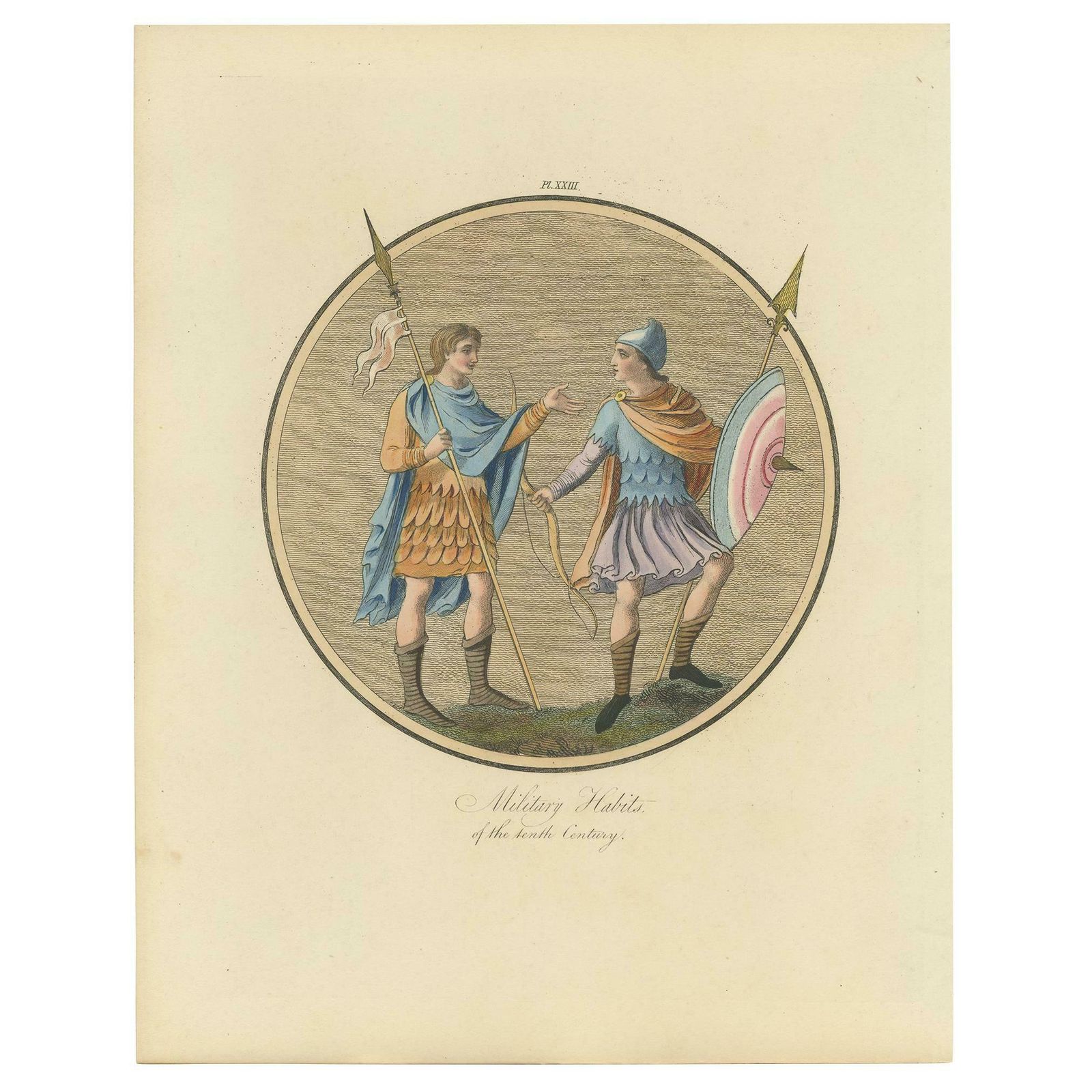 Antique Print Of English Military Costumes Of The 10th Century By Strutt, 1862