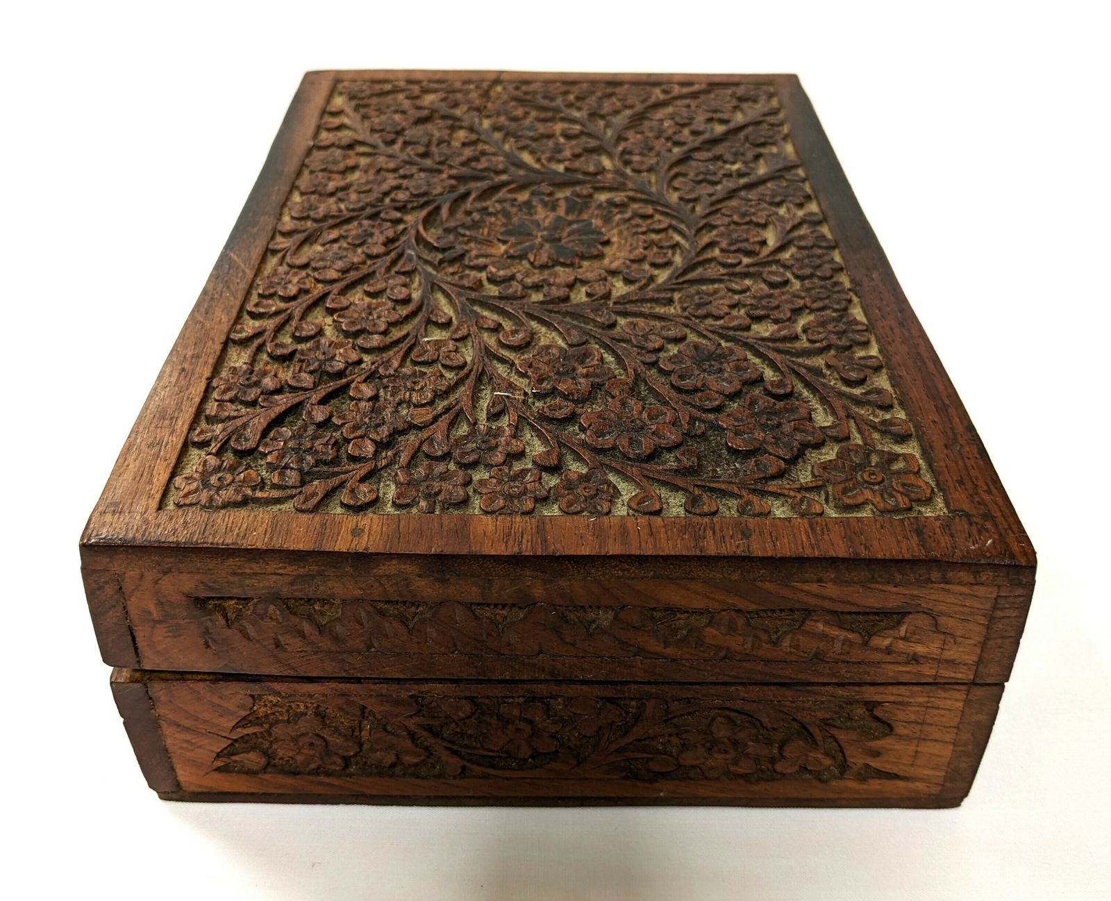 Antique Anglo Indian Carved Wooden Jewellery Box From Kashmir photo for sale