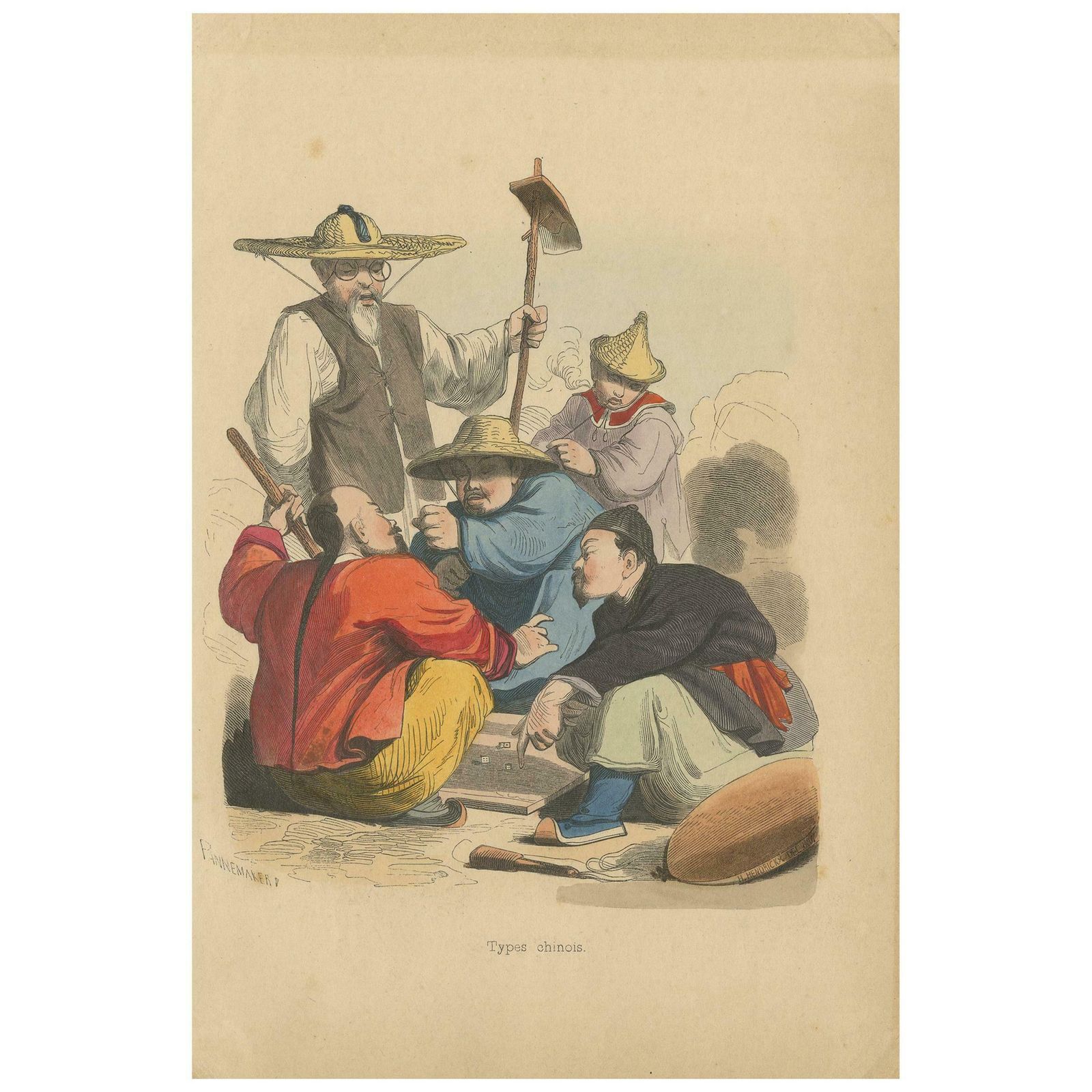 Antique Costume Print Of Chinese Men Playing A Game Of Dice By Wahlen, 1843