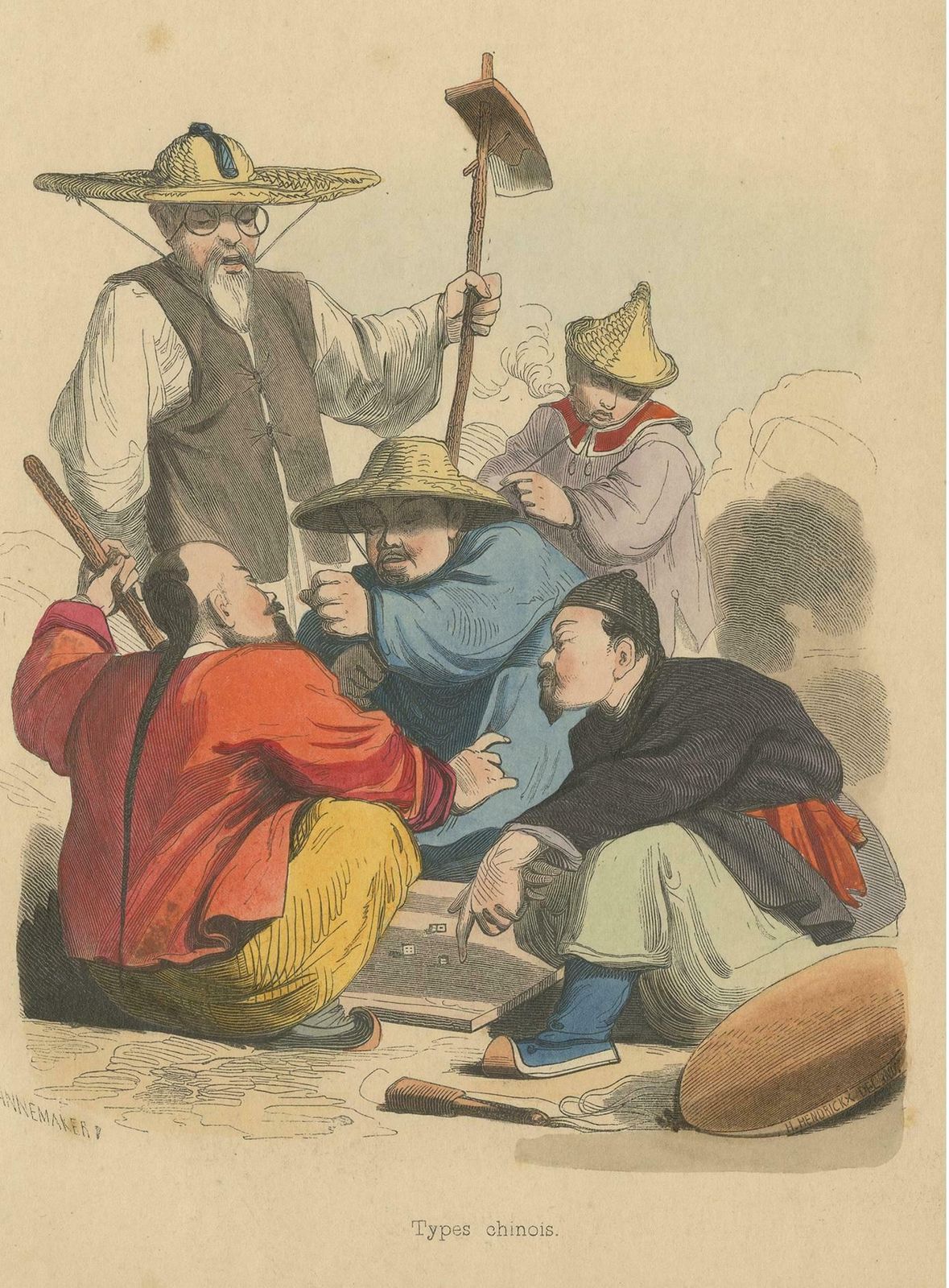 Antique Costume Print Of Chinese Men Playing A Game Of Dice By Wahlen, 1843 photo for sale