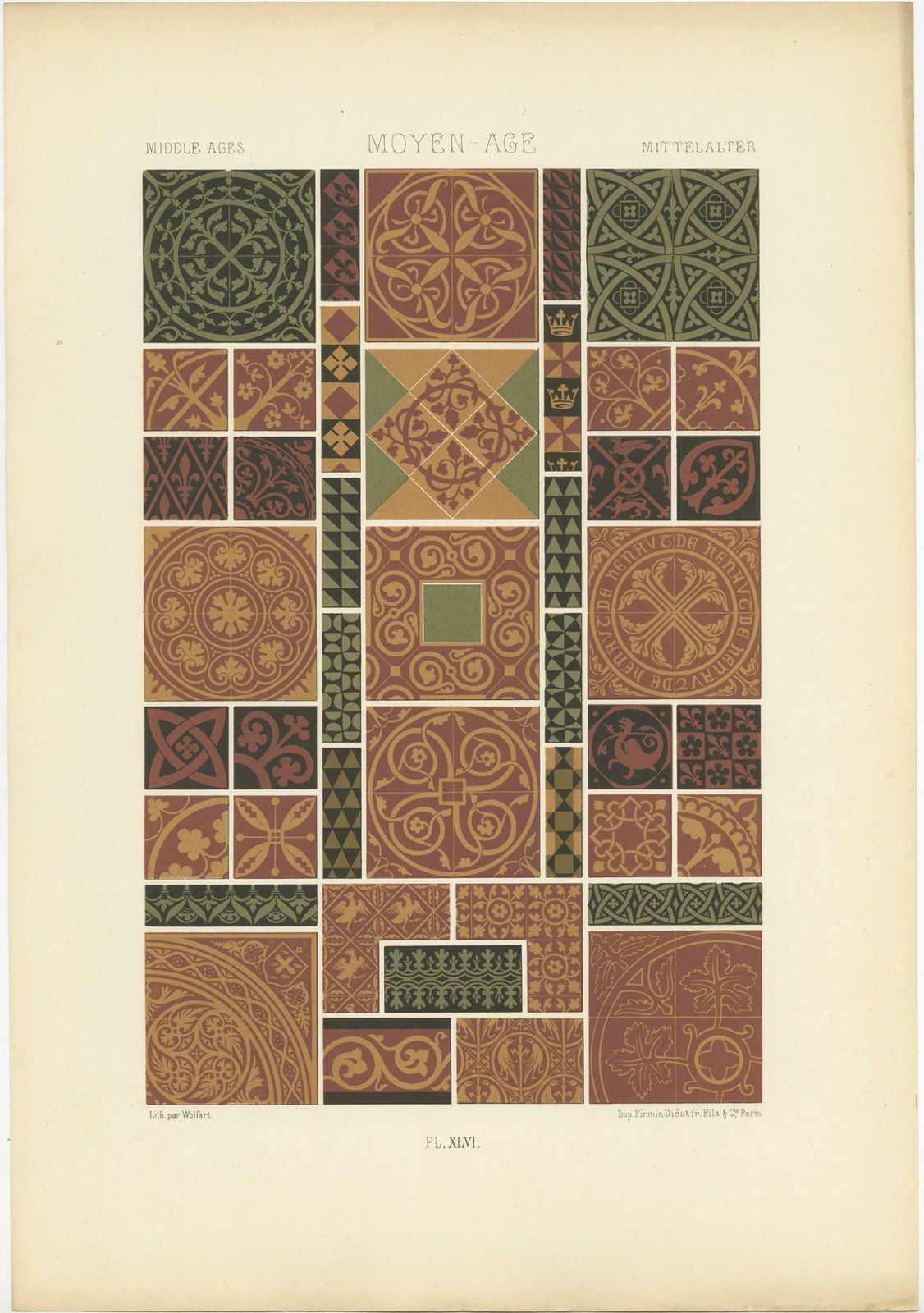 Pl. 46 Antique Print Of Middle Ages Ornaments By Racinet, Circa 1890 photo for sale