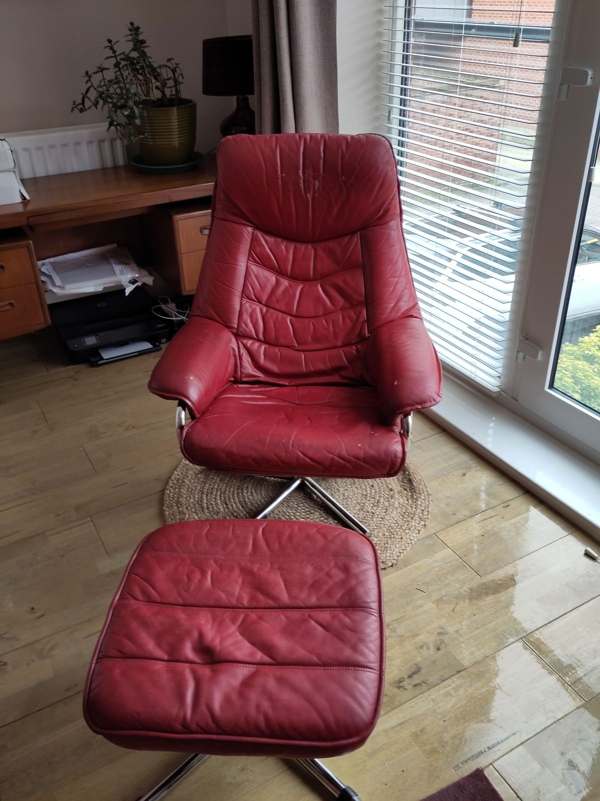 60s Red Leather Swivel Arm Chair With Pouffe