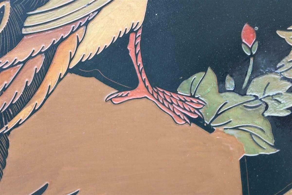 photo buy 1950s Chinese Lacquer Decorative Panel With Birds, Lotus Flowers And Plants
