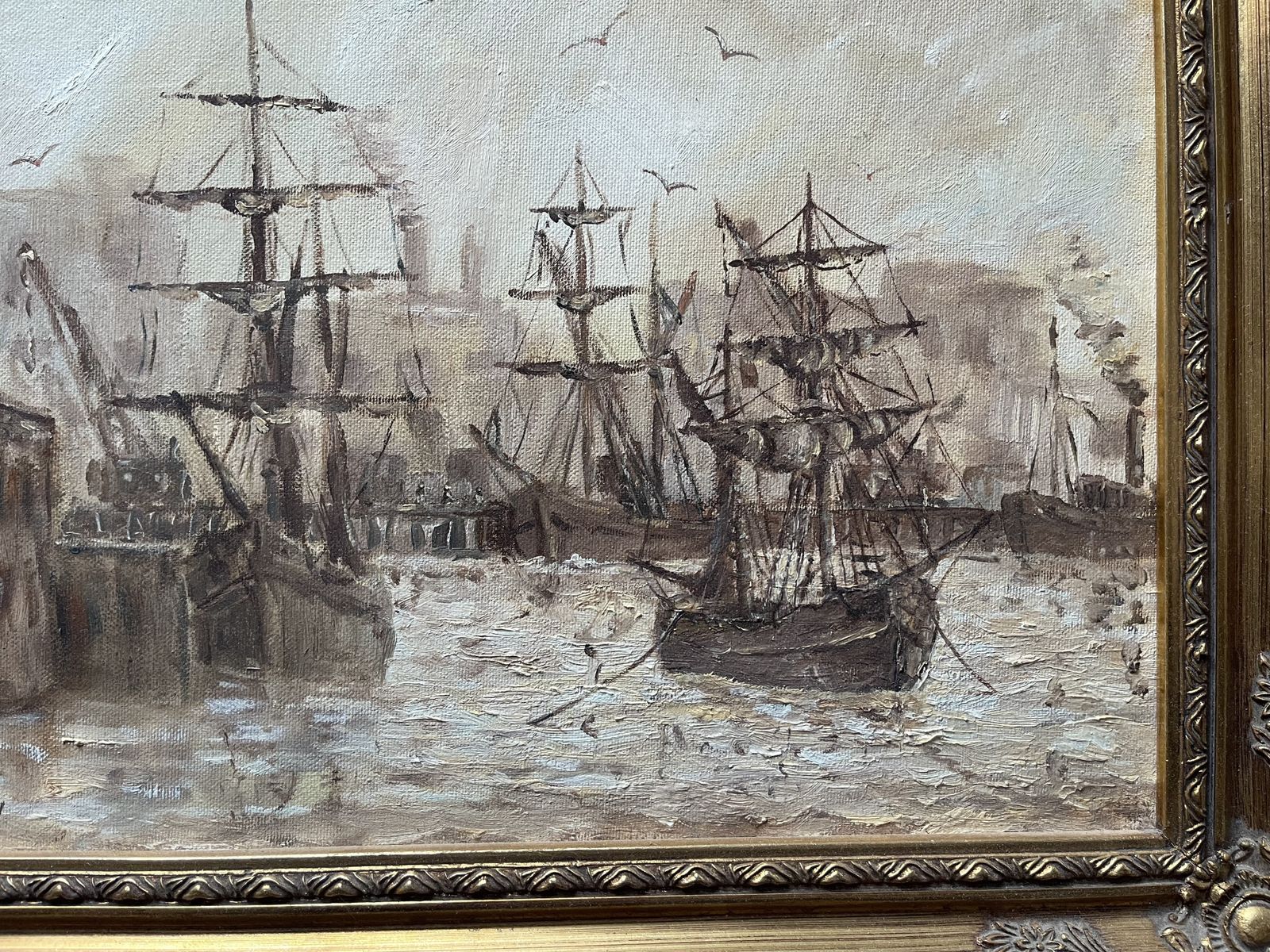 Oil Painting On Canvas Of Tall Ships In Harbour By H.C. Owen photo 350.0