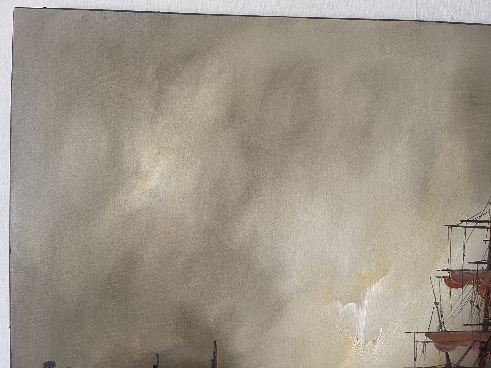 Unframed Oil On Stretched Canvas Sailing Ships Moored In Harbour Barry Hilton (B.1941) photo for sale