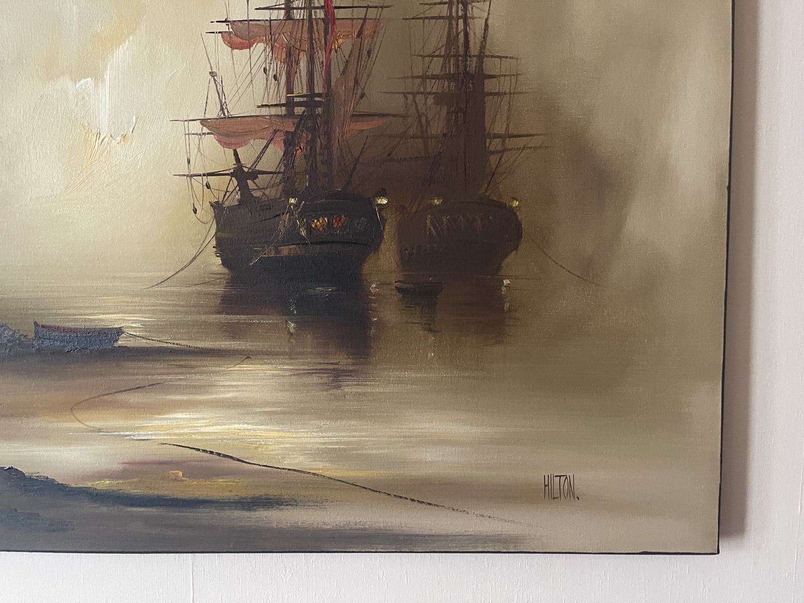 Unframed Oil On Stretched Canvas Sailing Ships Moored In Harbour Barry Hilton (B.1941) photo 1695.0
