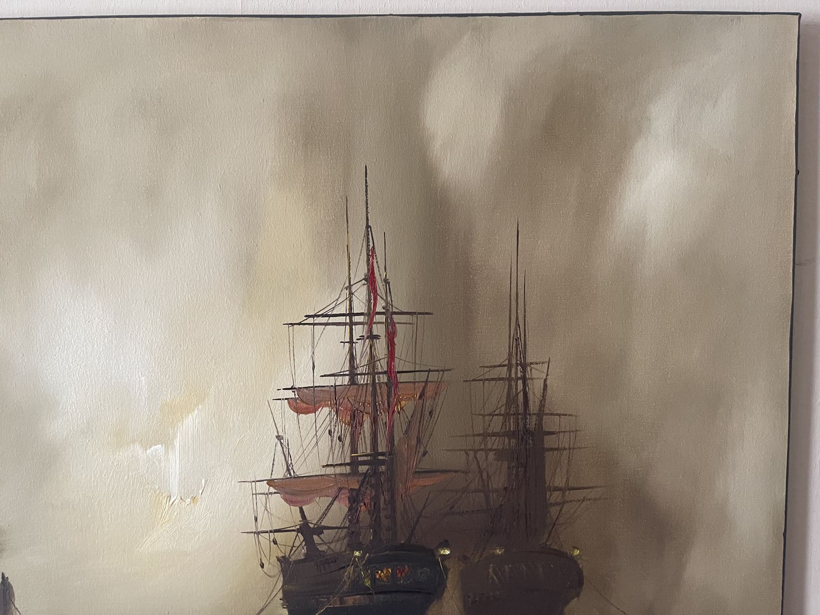Unframed Oil On Stretched Canvas Sailing Ships Moored In Harbour Barry Hilton (B.1941) photo vinterior