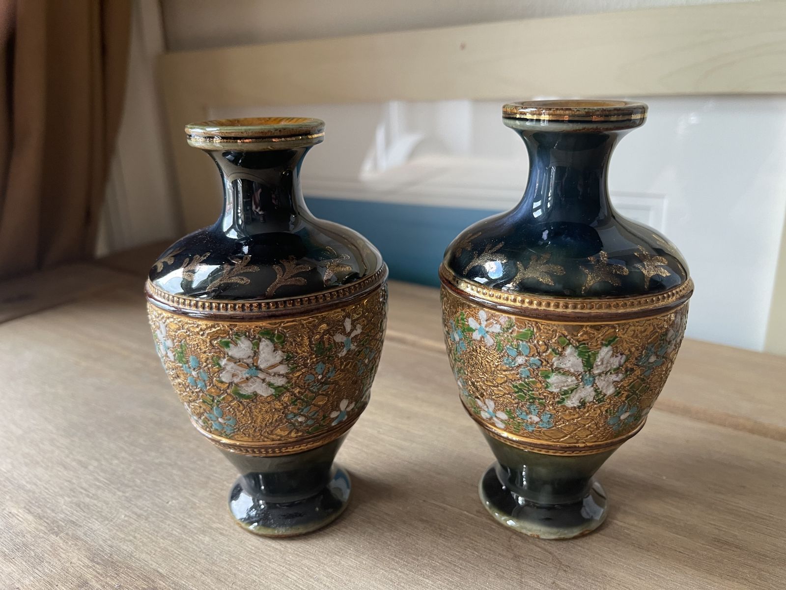 Pair Of Royal Doulton Lambeth Vases C 1895