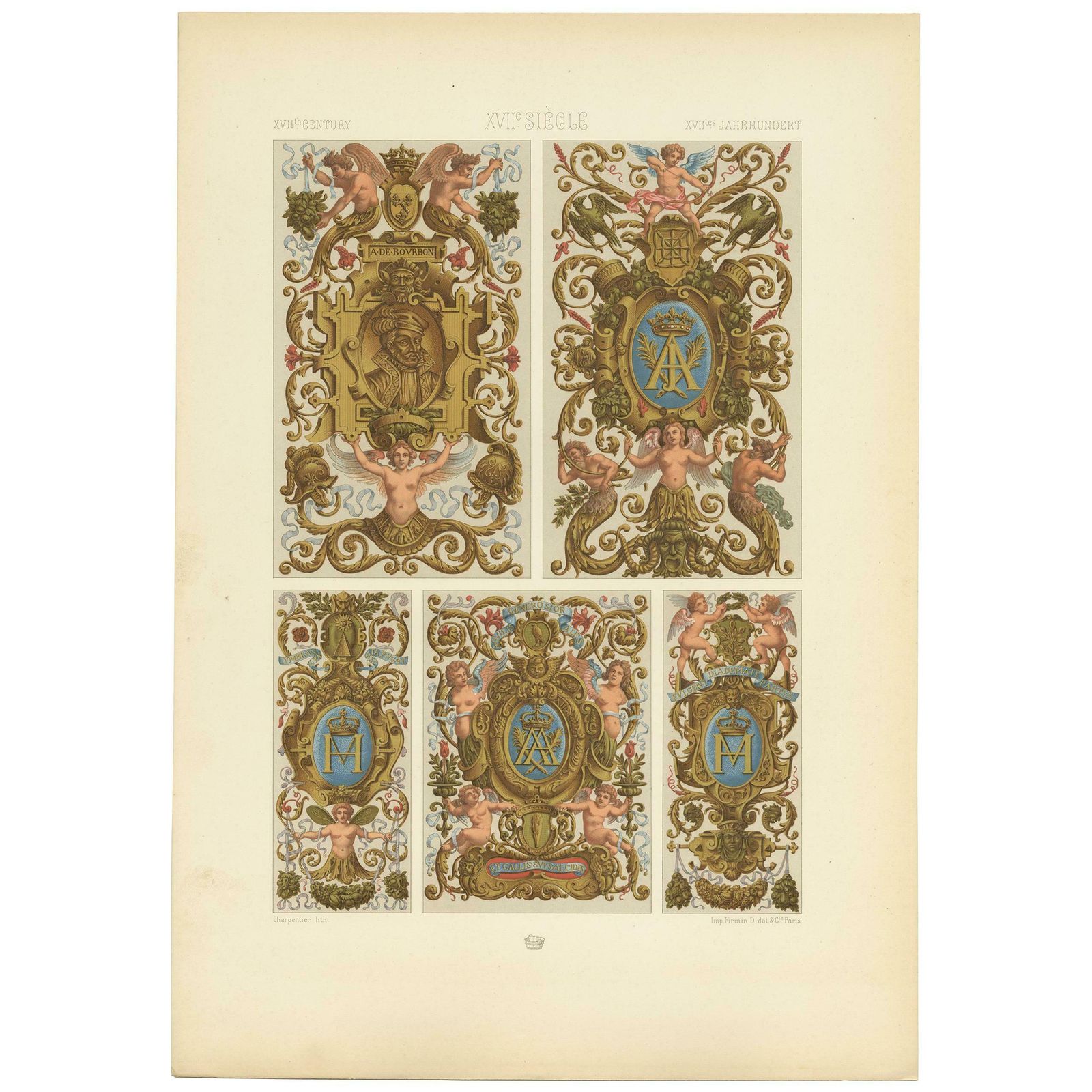 Pl. 92 Antique Print Of 17th Century Decorative Paintings By Racinet, Circa 1890