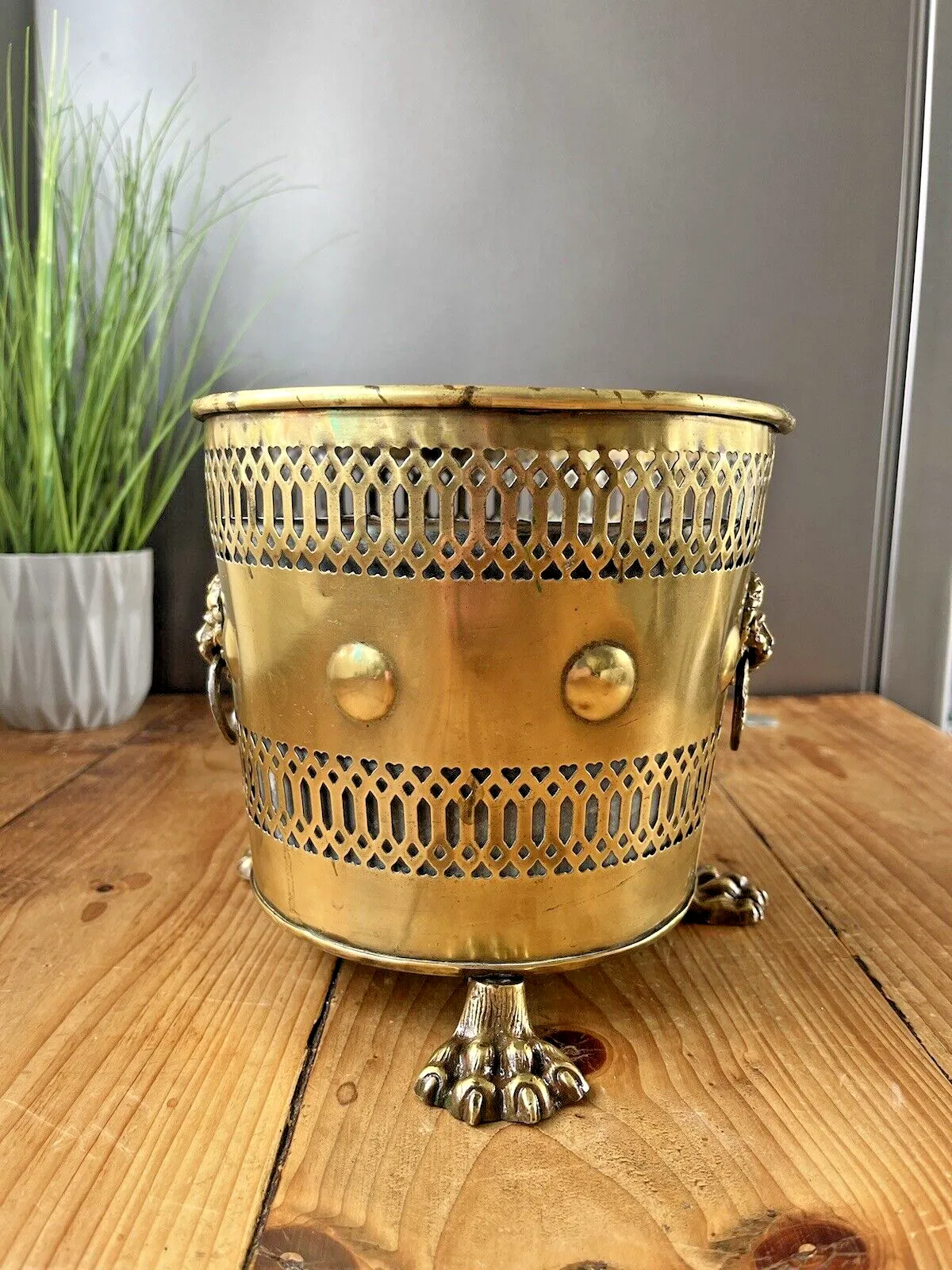 photo for sale Quality Antique Brass Lions Head & Paw Planter Jardiniere / Champagne Ice Bucket