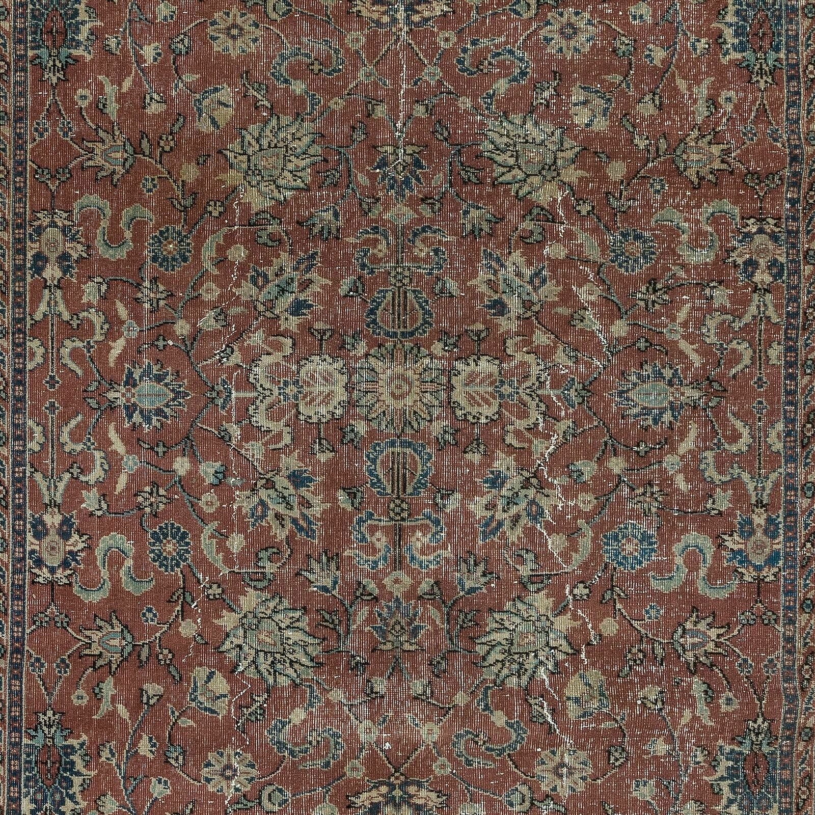 6.3x9 Ft Romantic Vintage Handmade Rug In Red & Dark Blue With Botanical Design photo 917.0