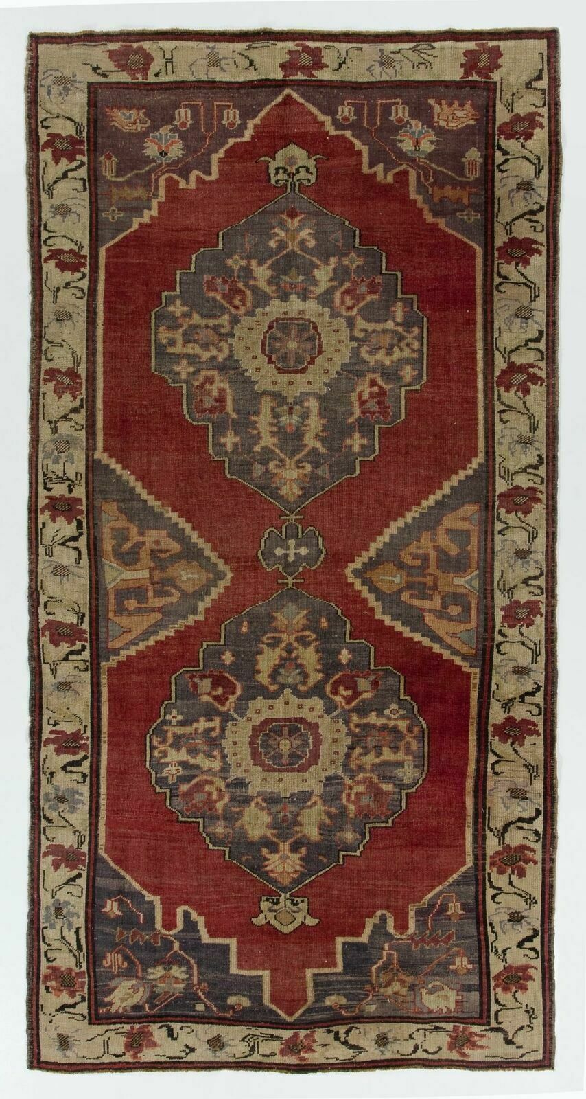 5.2x10.2 Ft Vintage Rug From A Turkish Village. 100% Soft Wool. Red, Gray, Beige