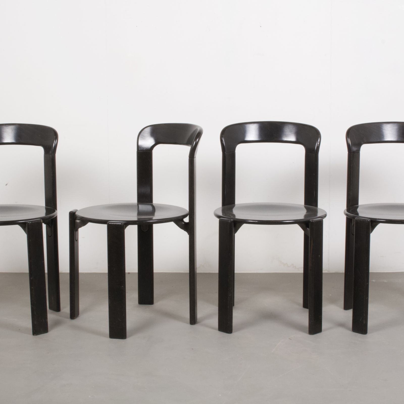 Original Vintage Mid Century Bruno Rey Beech Wood Chairs In Black Lacquer For Dietiker Set Of 4, Switzerland 1970s photo vinterior