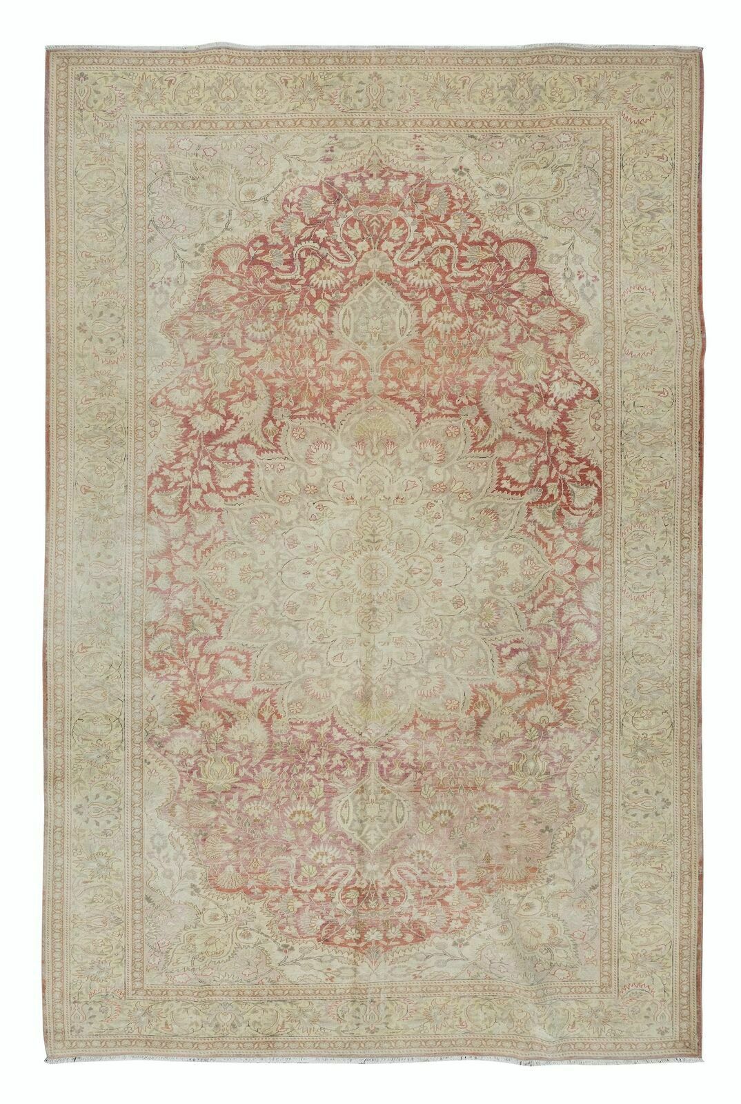 Knotted Turkish Area Rug In Beige & Red With Medallion Design