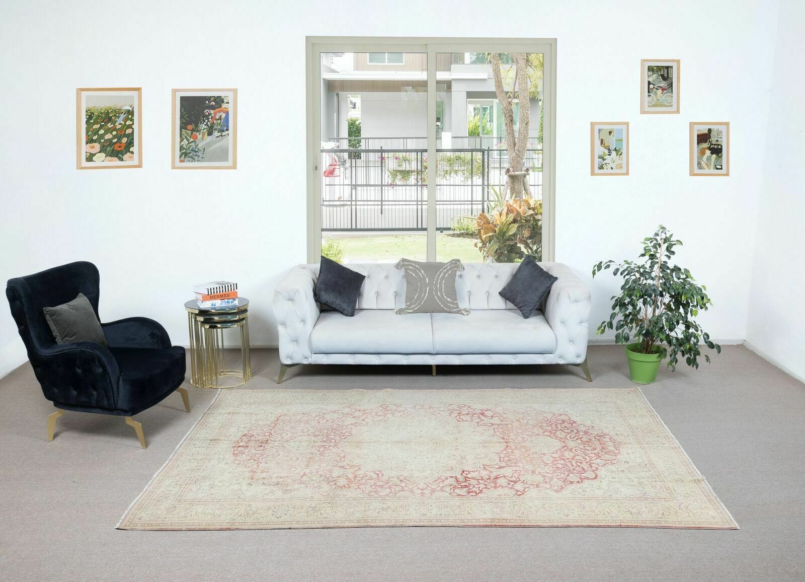 Knotted Turkish Area Rug In Beige & Red With Medallion Design photo furniture