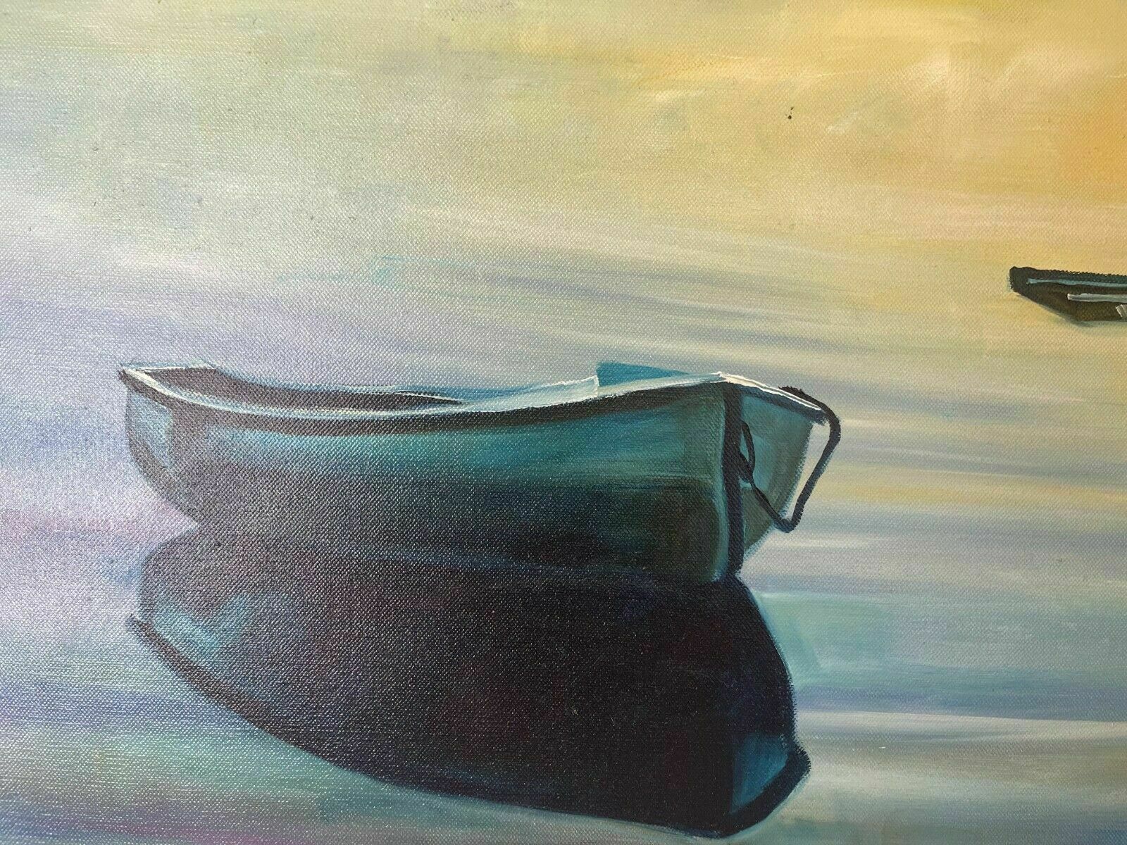 2 Blue Boats On Still Water   Oil On Canvas By Sean Curley photo for sale