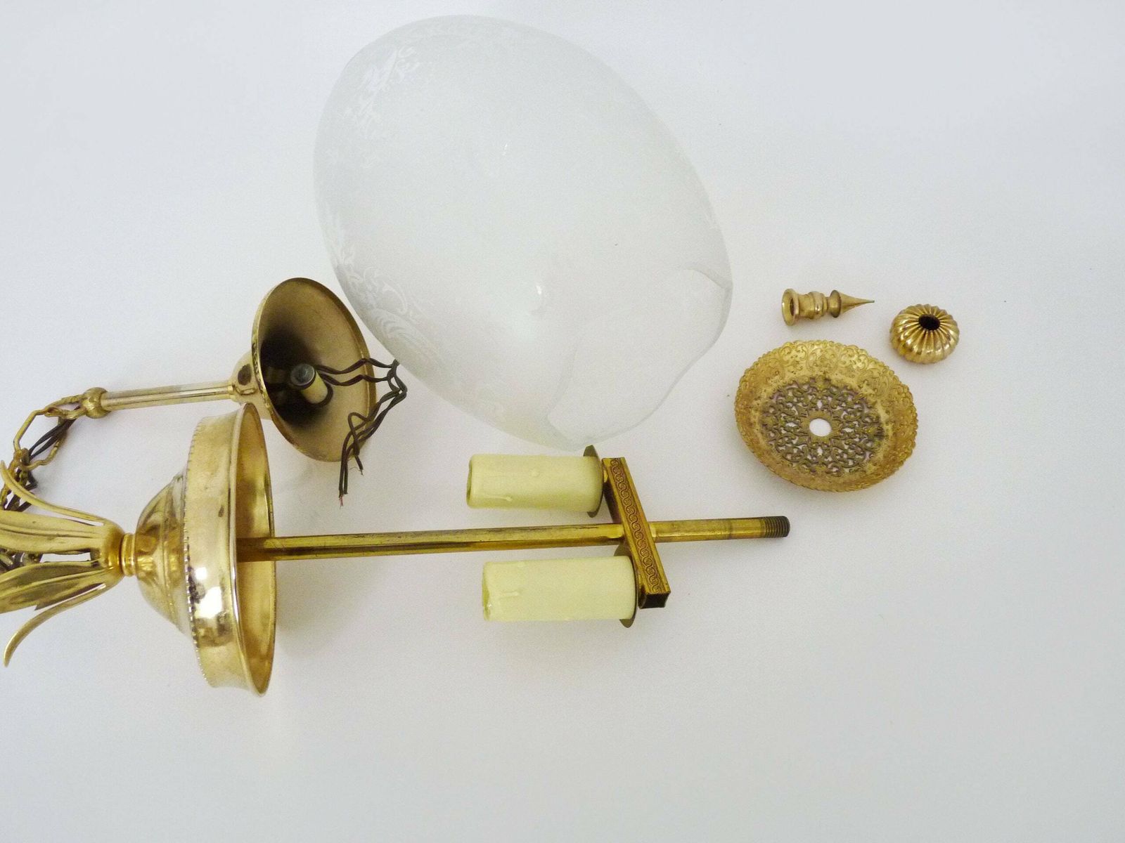 photo for sale Suspension, Brass Chandelier And Engraved Glass Globe With 2 Lights. Louis XV Style